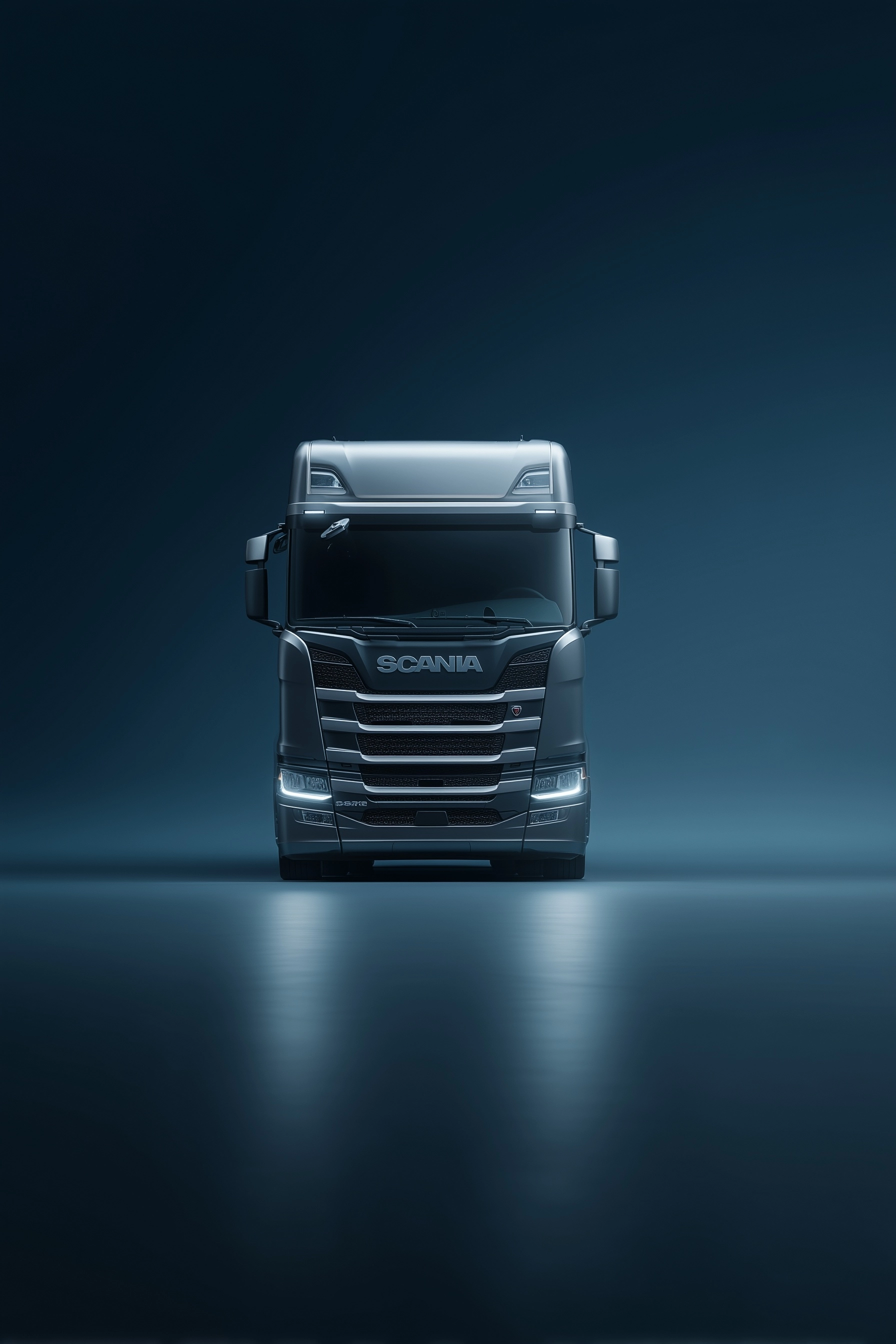 A front-facing gray Scania-style truck photographed in a studio setting