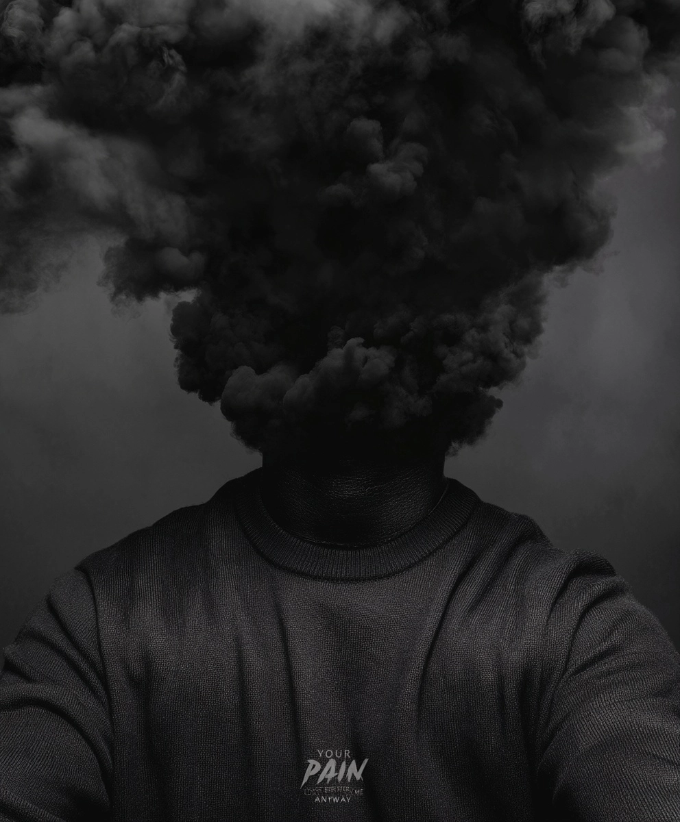 A human figure absorbing dark smoke and pain from others while becoming completely blackened and hea
