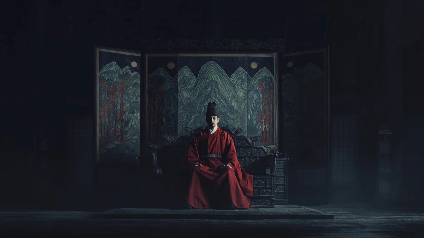 A king seated on a royal dragon throne inside a Joseon-era palace hall at night