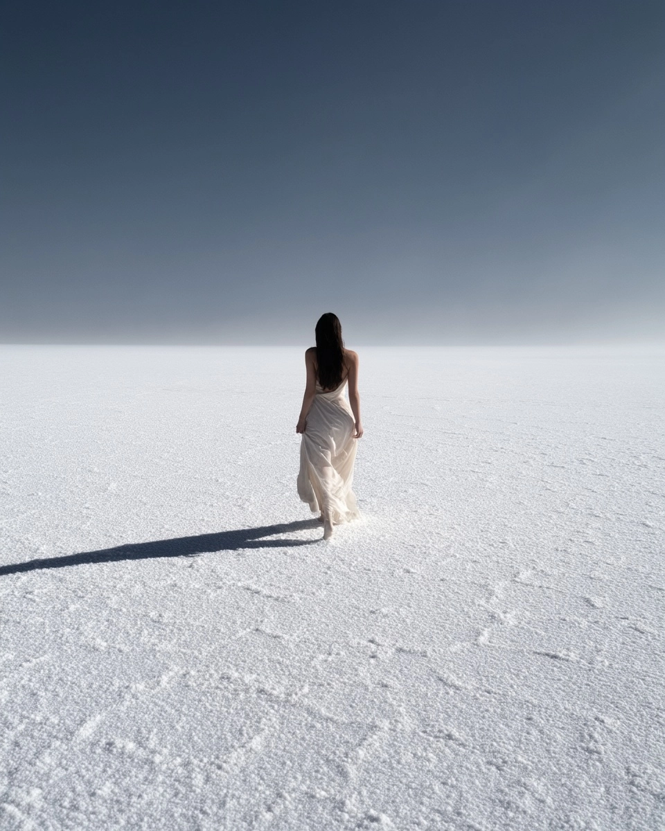 A low-angle rear view of the woman walking slowly across blinding white salt flats under a harsh noo