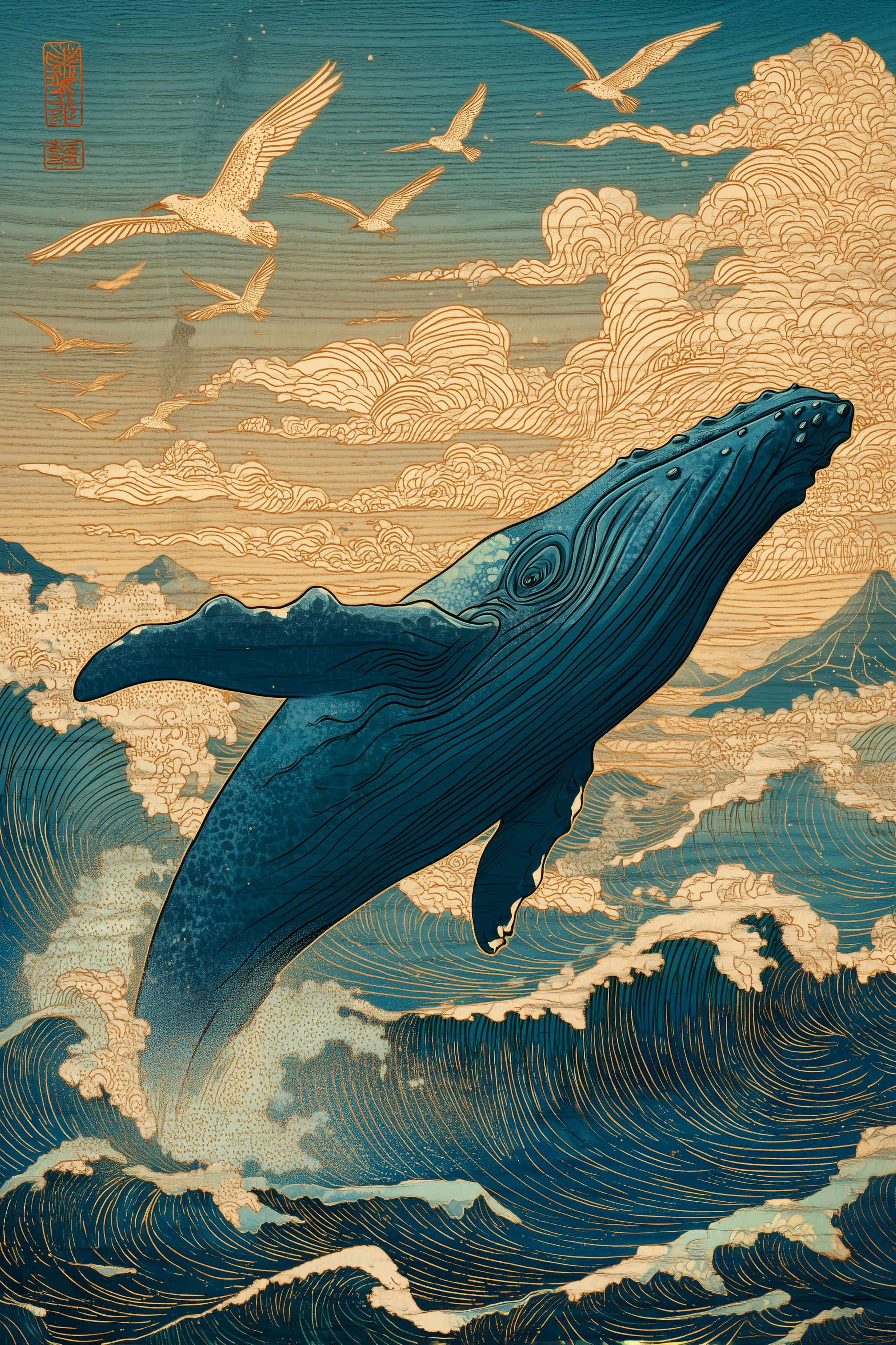 A majestic ukiyo-e inspired woodblock print depicting a great whale breaching gracefully from turbul