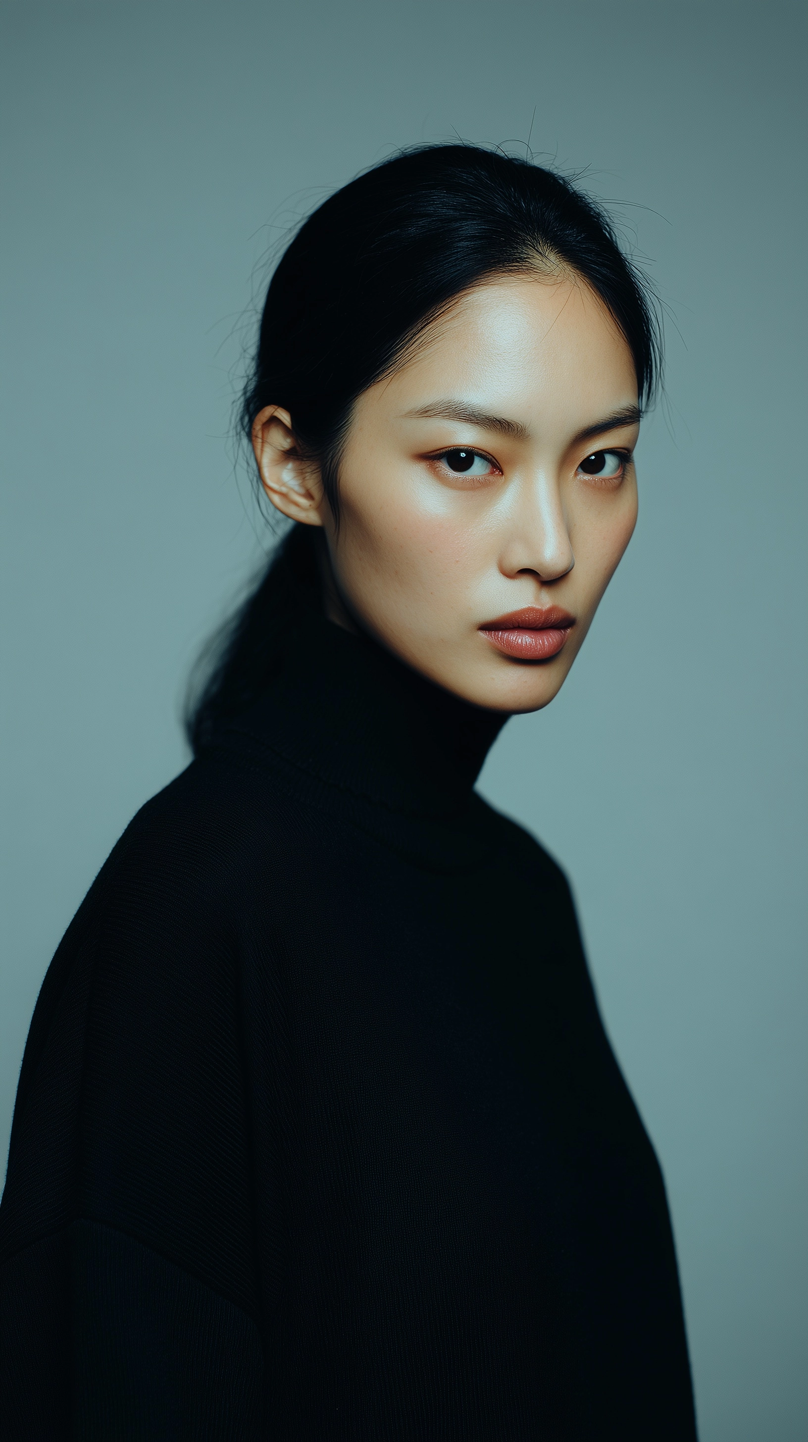 A minimalist studio model test photograph of an Asian female model, front-facing portrait