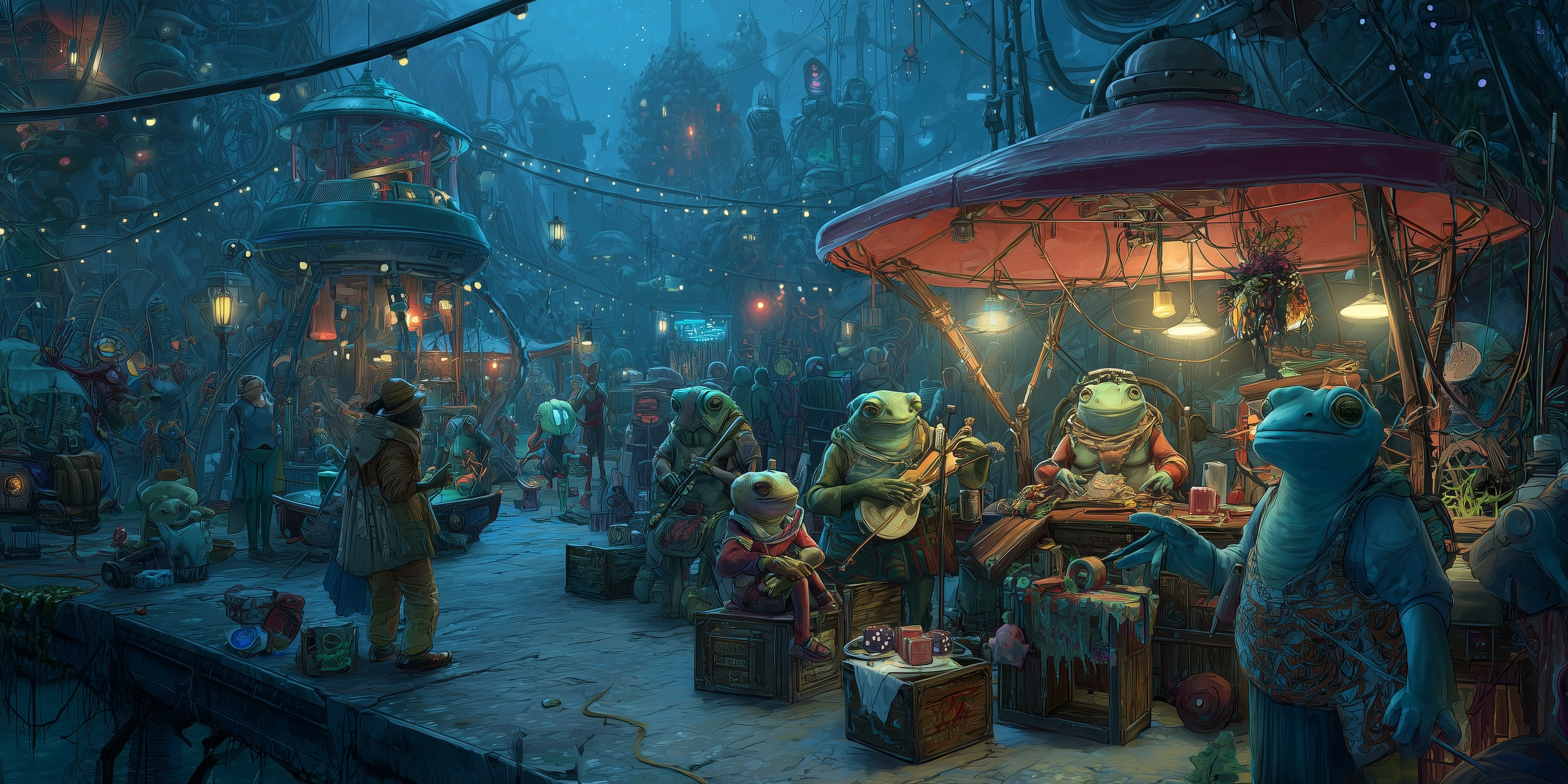 A realistic image of a vibrant underground alien village with market stalls
