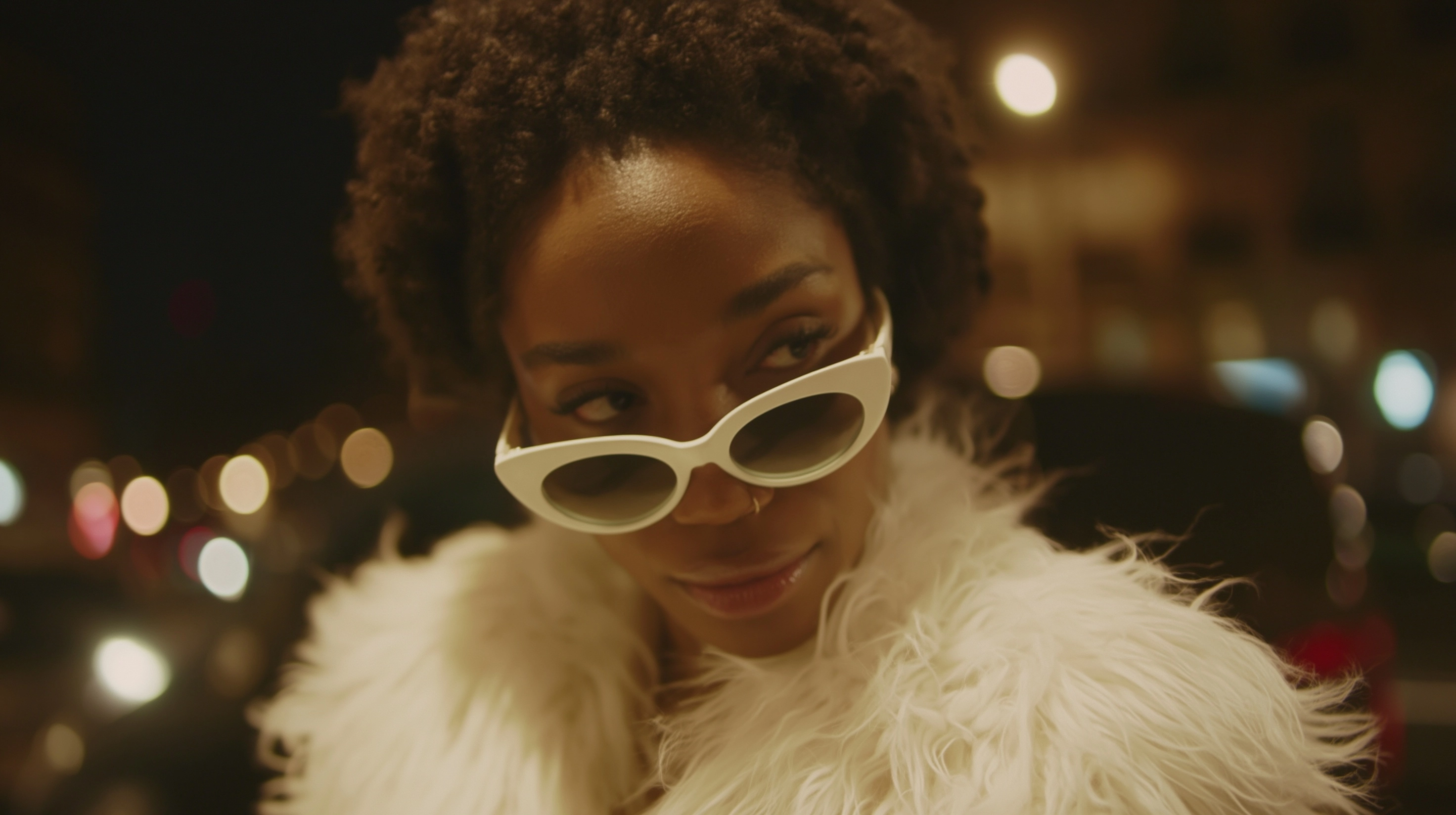 Une jolie femme noir de 27 ans, avec des lunettes de soleil blanche design