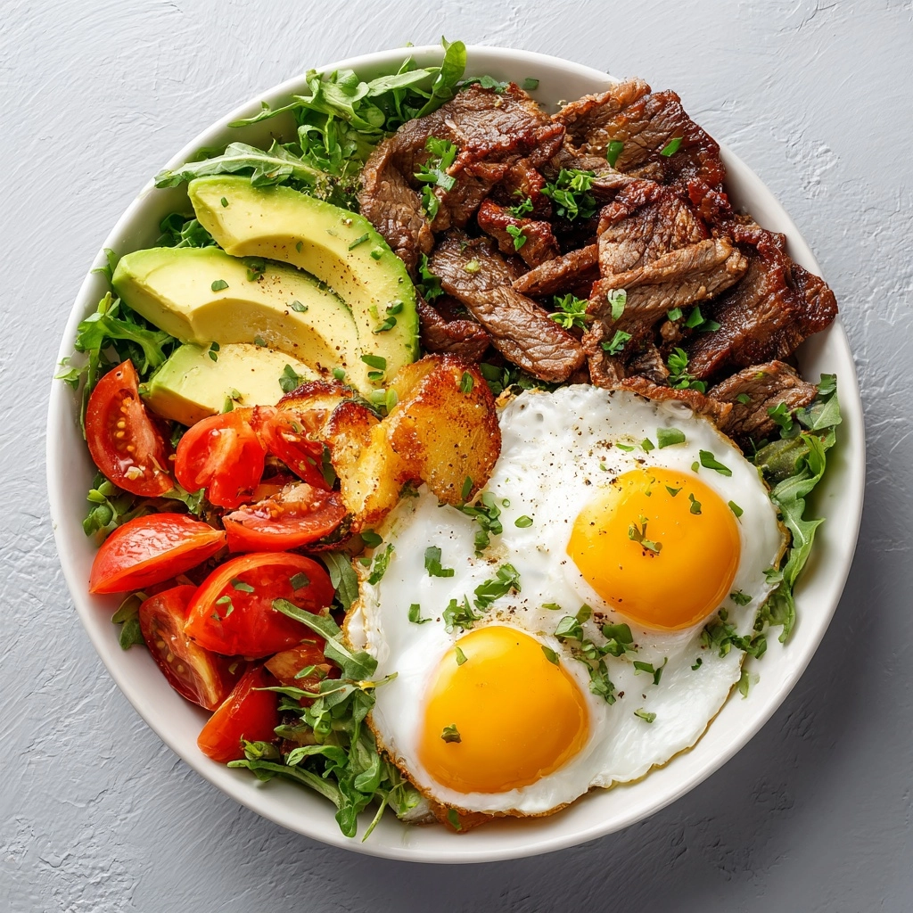 A top view of salad with separated ingredients which are fried eggs, beef