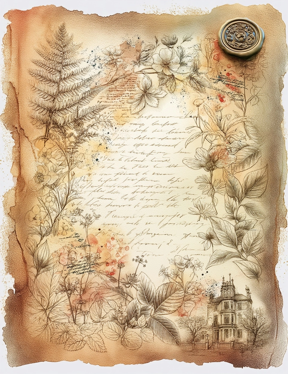 A vintage botanical collage on distressed tea-dyed parchment