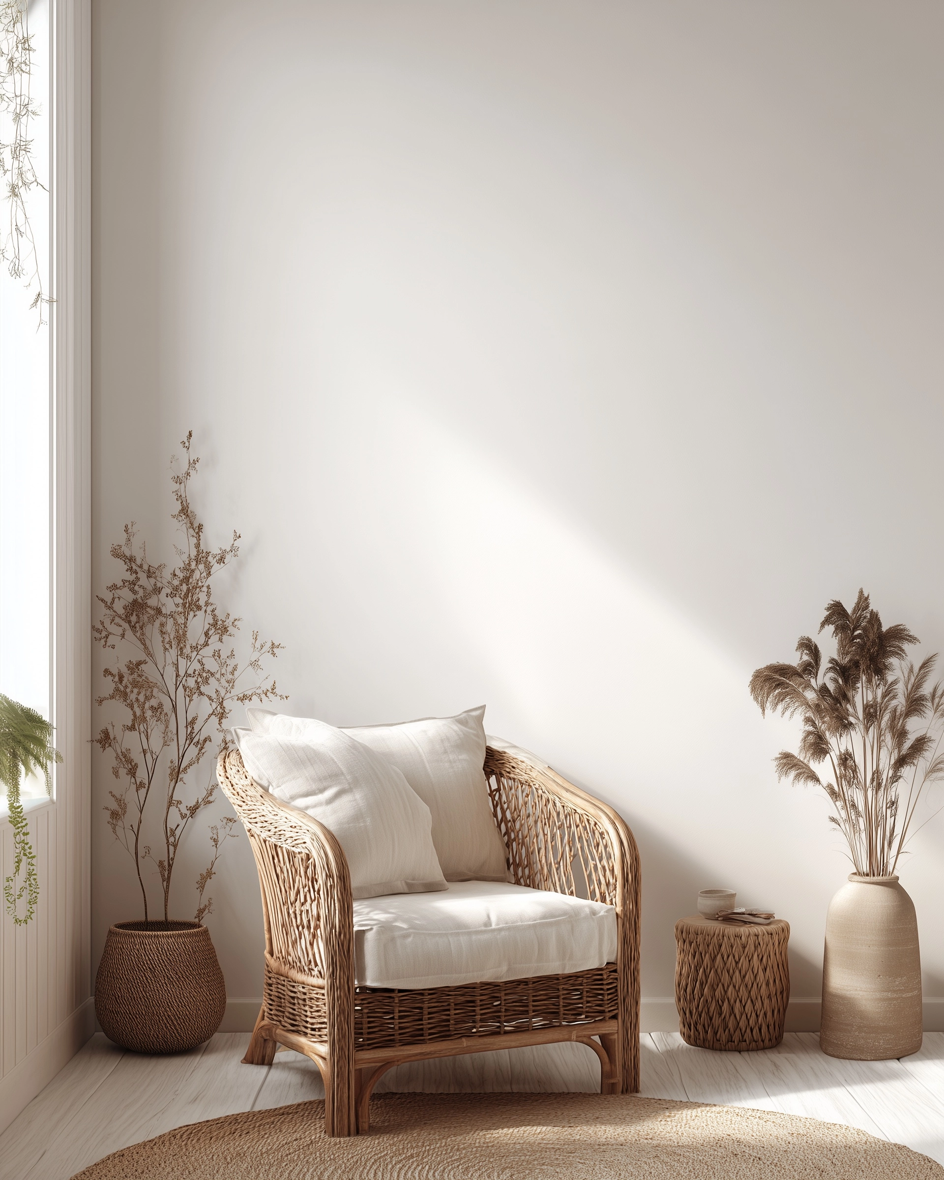 A wallpaper mockup in a minimalistic Indian bohemian-style interior with no plants. The main wall is