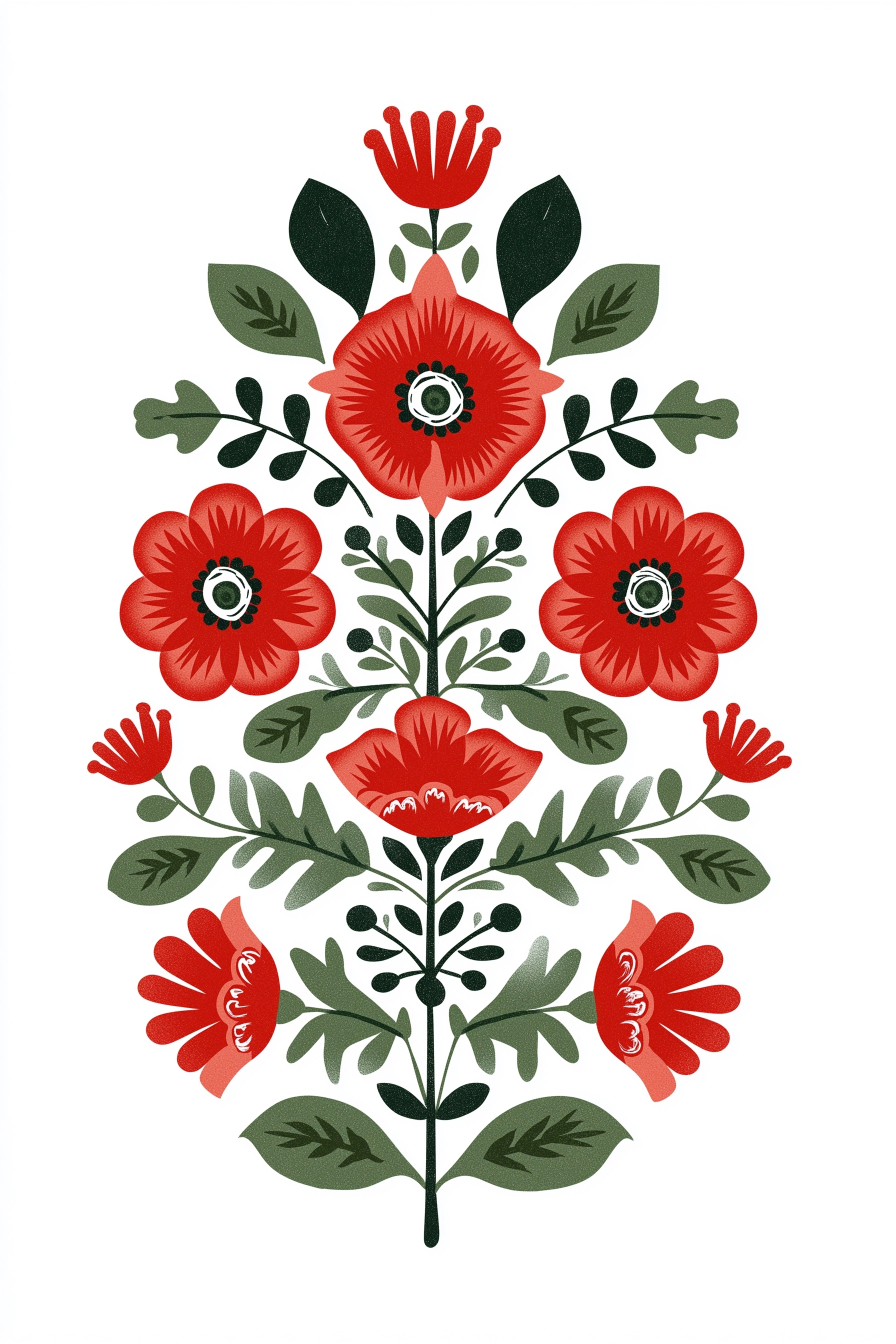 Minimalist poster design with red flowers and green leaves, symmetrical, white background