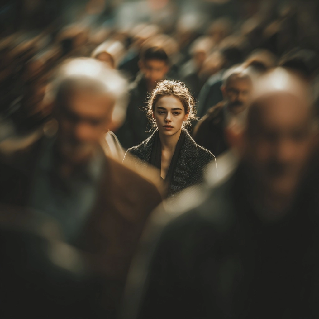 A woman walking in the opposite direction of a crowd of people moving fast