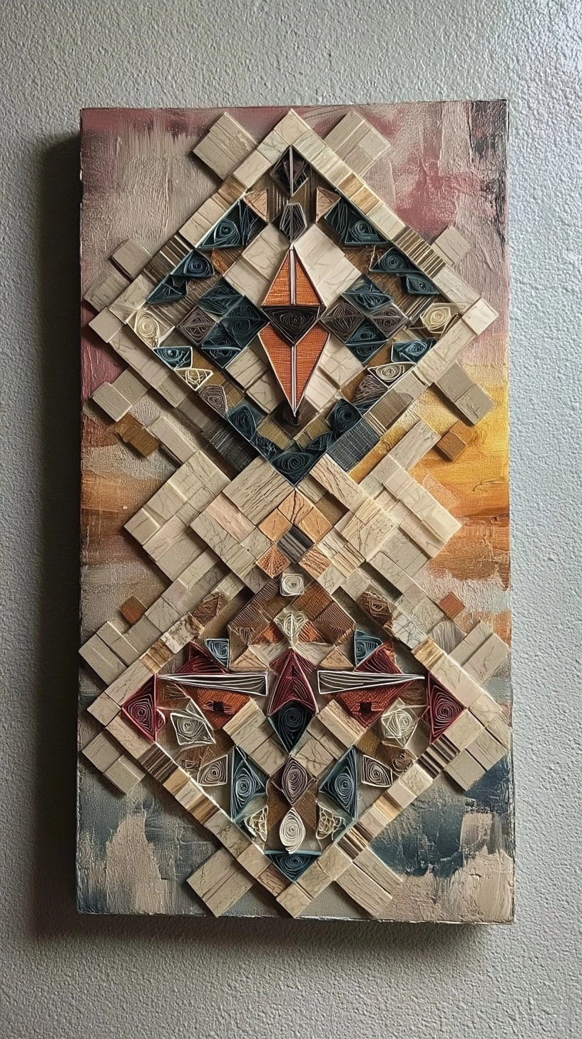 Abstract and intricate paper quilling art and mosaic tiles on top of a soft abstract painting