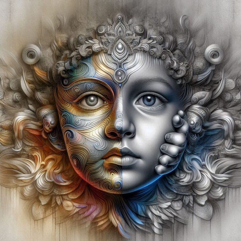 3D Watercolor of Merging Boy and Girl Faces