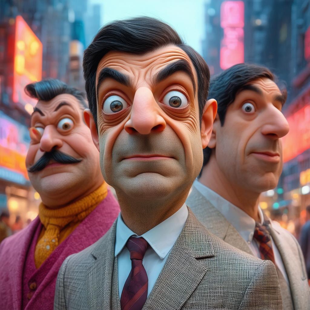 Mr Bean Multiplied in a Cyberpunk Metropolis