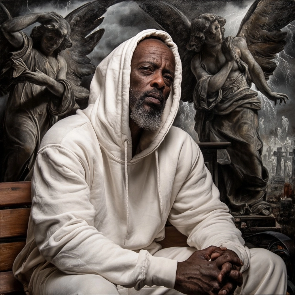 Afro-American man in a white hooded sweatsuit seated on a cemetery bench while angel statues loom ab