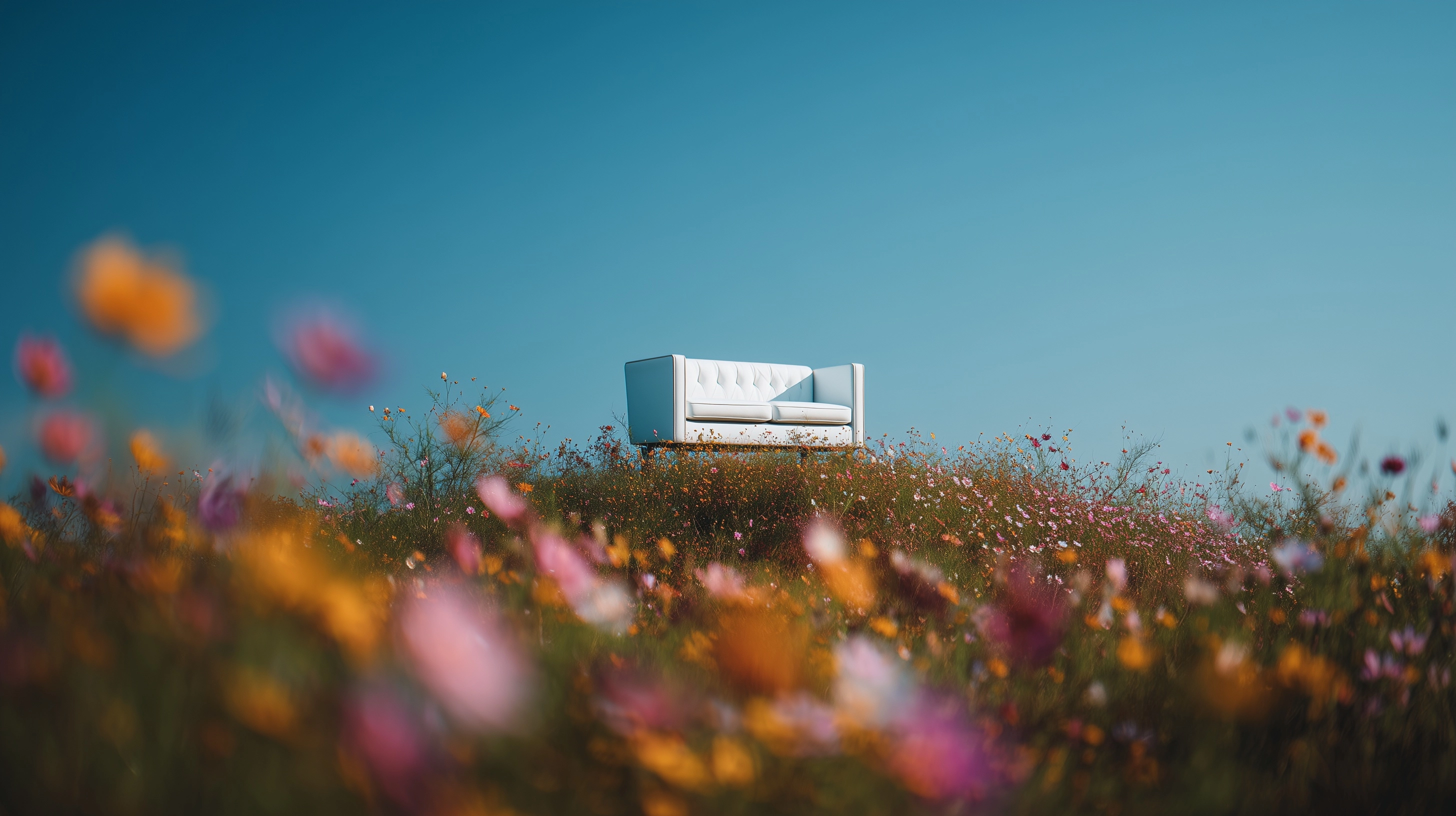 An extremely small minimalist white sofa standing alone on a rolling wildflower meadow hill