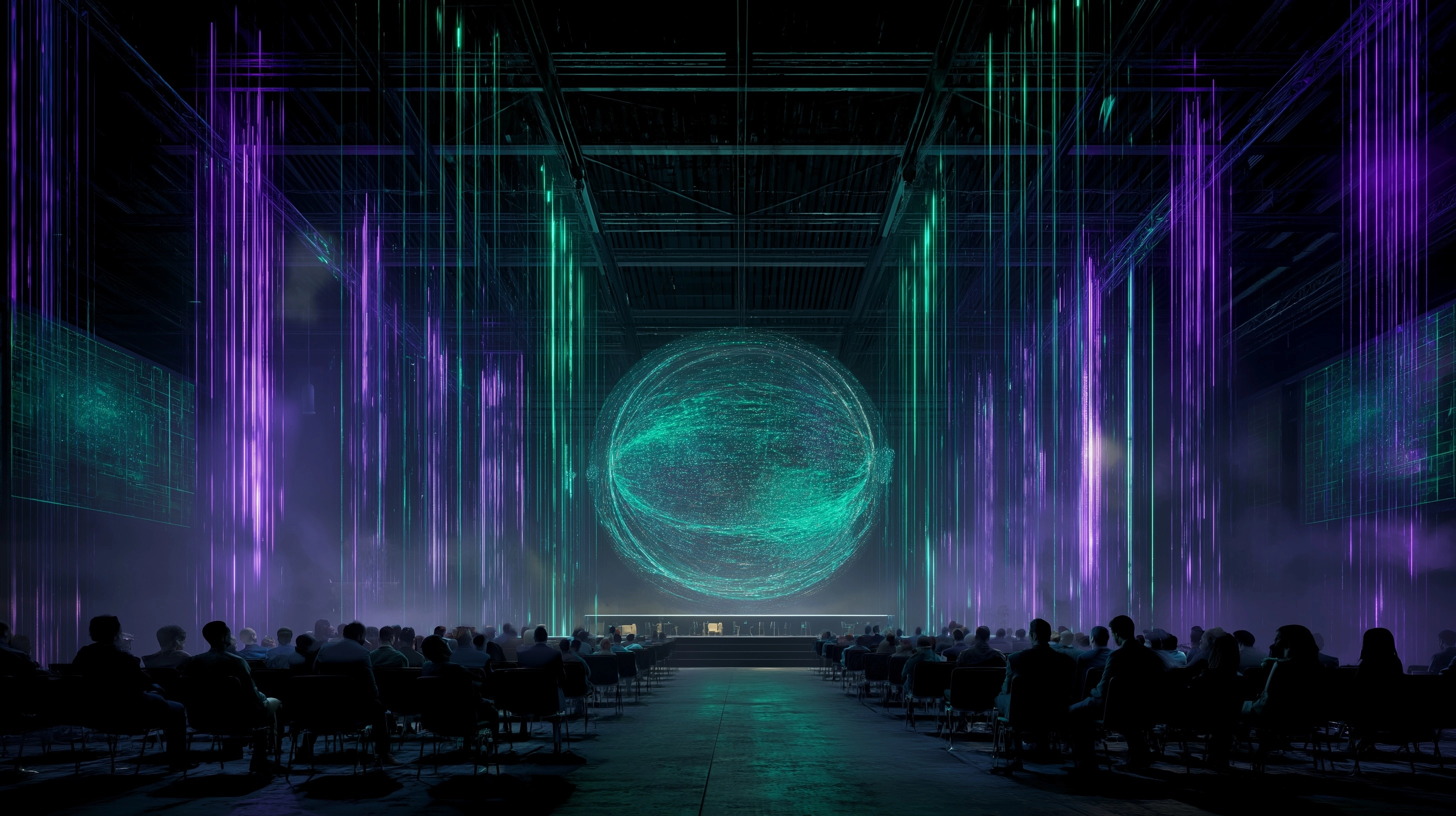 An ultra-panoramic cinematic shot of a cutting-edge technology conference in a modern industrial ven