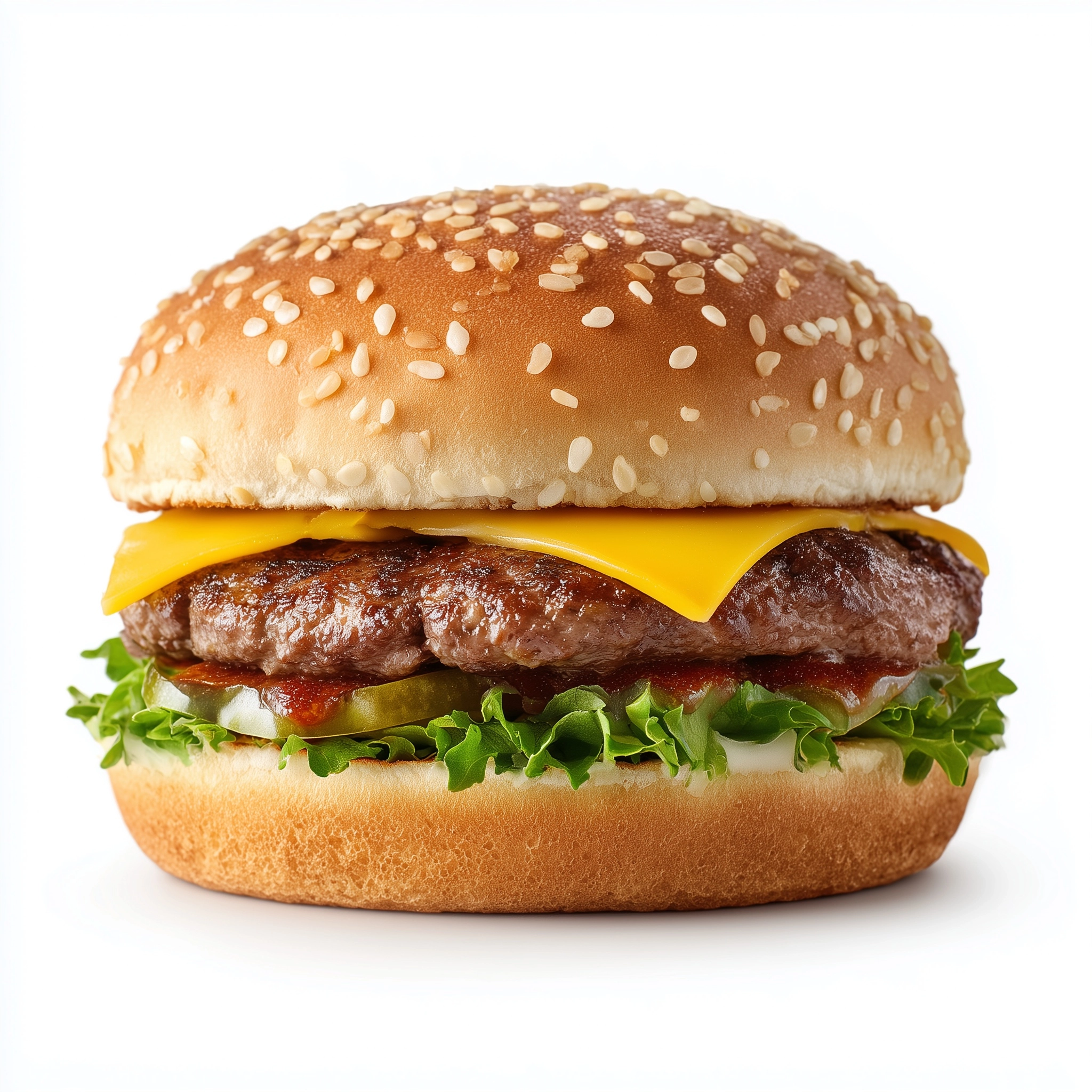 An ultra-realistic front-view photo of a delicious burger patty, with the top bun raised above it