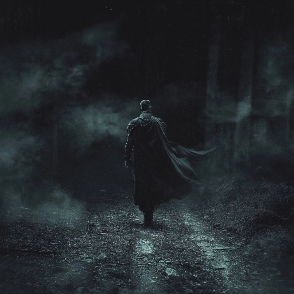 Back view of a male figure walking away from camera on a worn forest path to a cliff