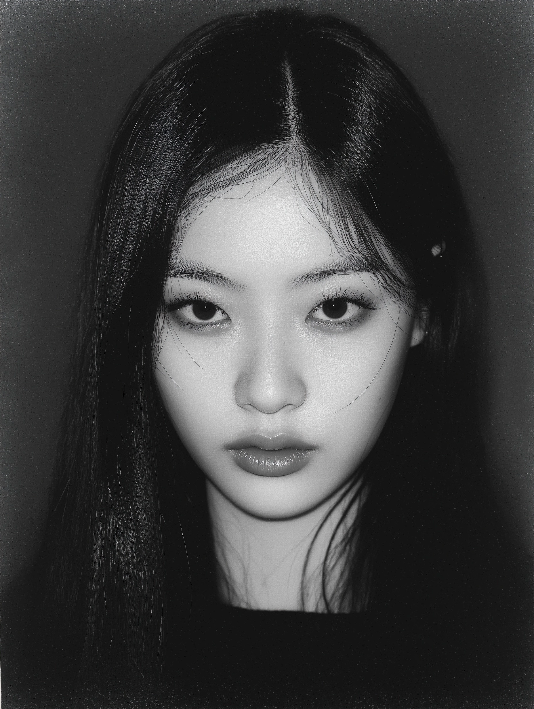 Black and white close-up ID photo portrait of a young Korean woman with large expressive eyes