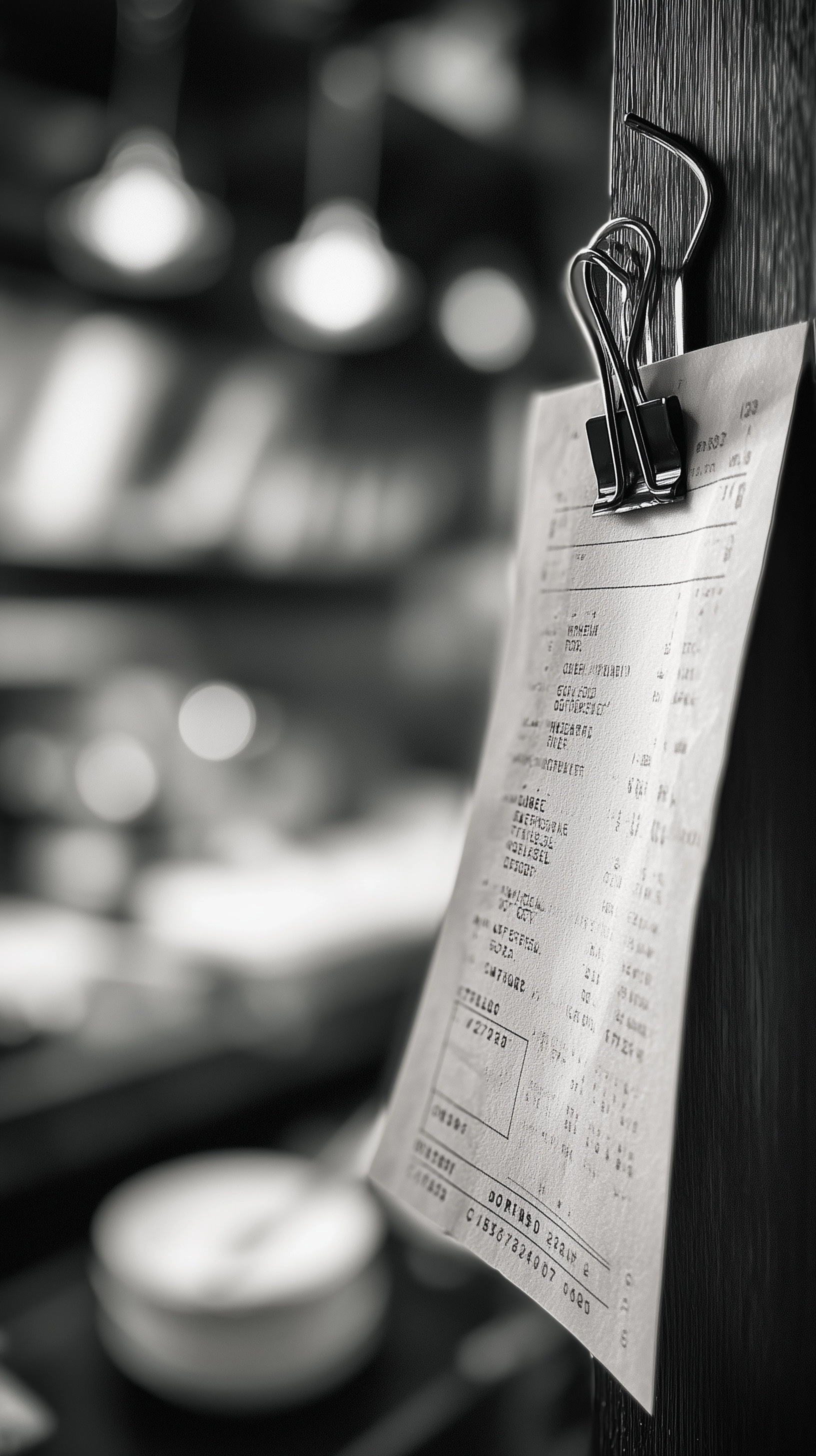 Black and white close-up of a restaurant order ticket freshly printed and hanging on a metal clip li