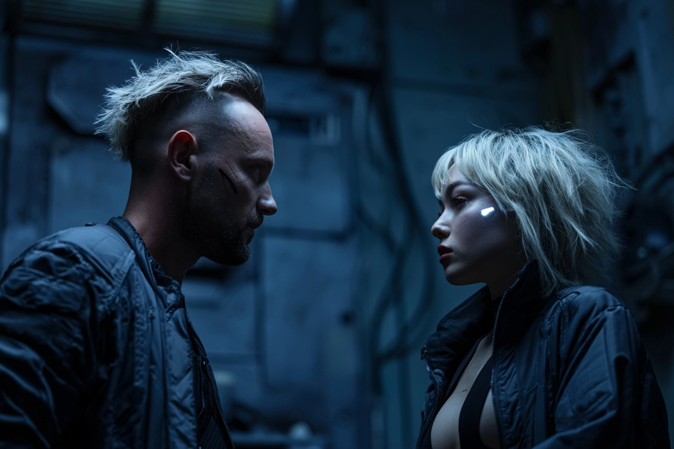 Cinematic scene of two rebellious scifi courier having a heated conversation