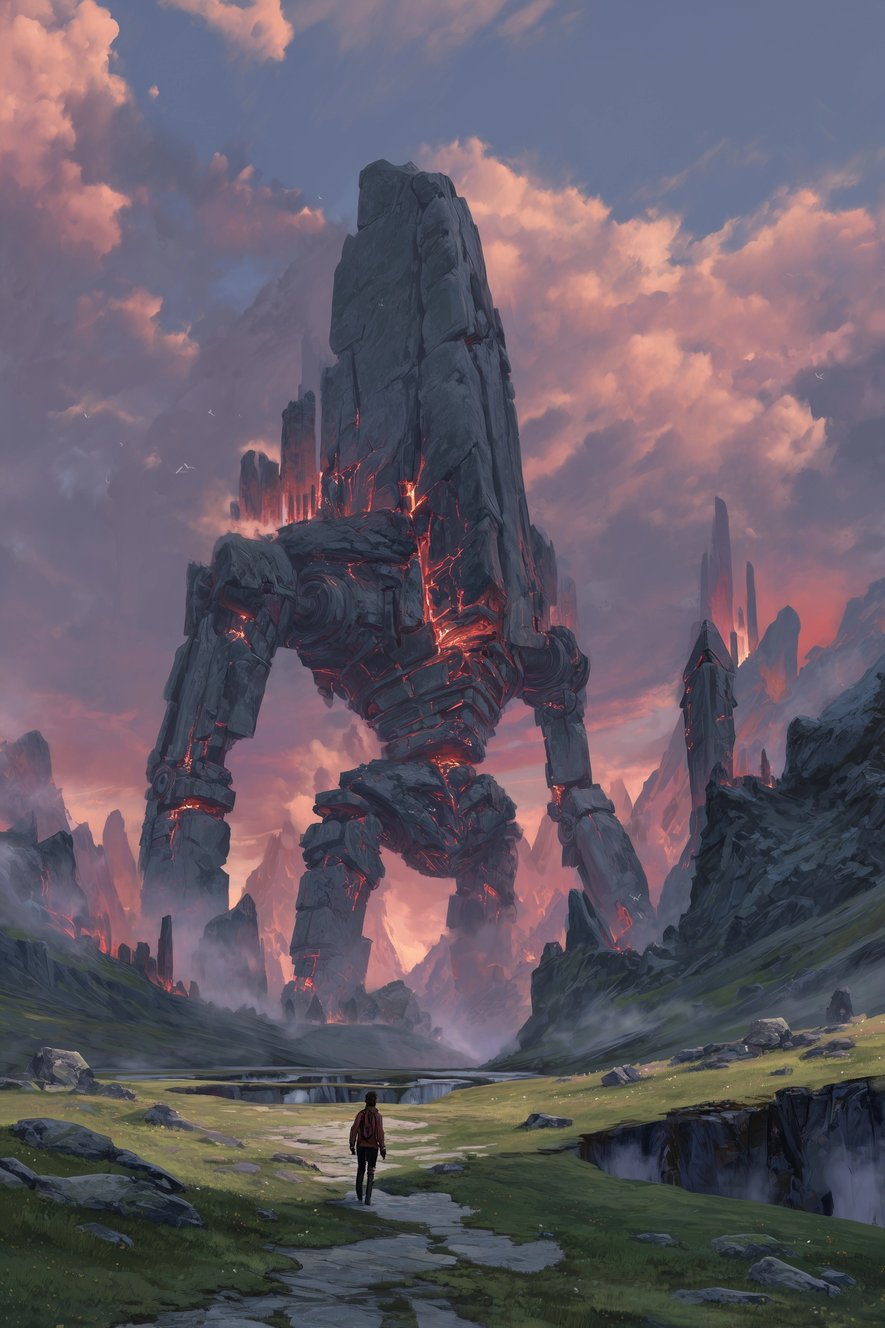 Concept artist illustration of a wide epic landscape shot of a towering colossal tripod construct of