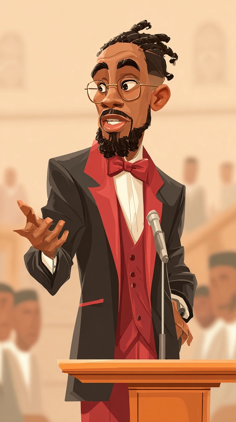 Create a cartoon image of light skin black man with braids and with bow tie and suit in red and blac