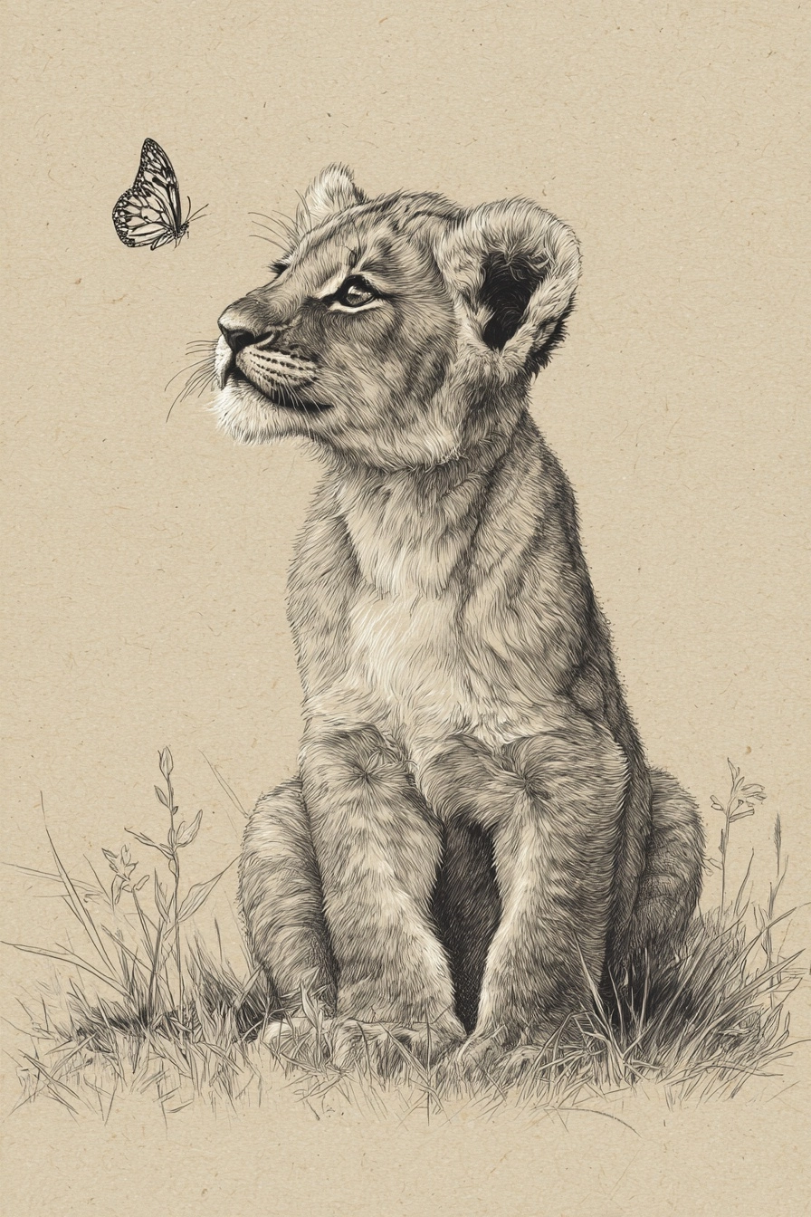 A realistic graphite and charcoal pencil sketch of a young lion cub sitting on a lawn with a butterf