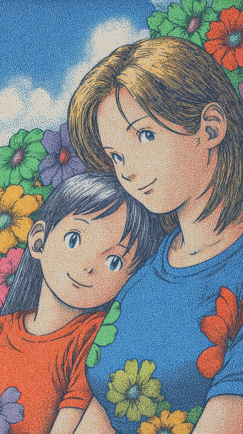 Cute mother and daughter wearing t-shirts with spring flowers, flat design illustration