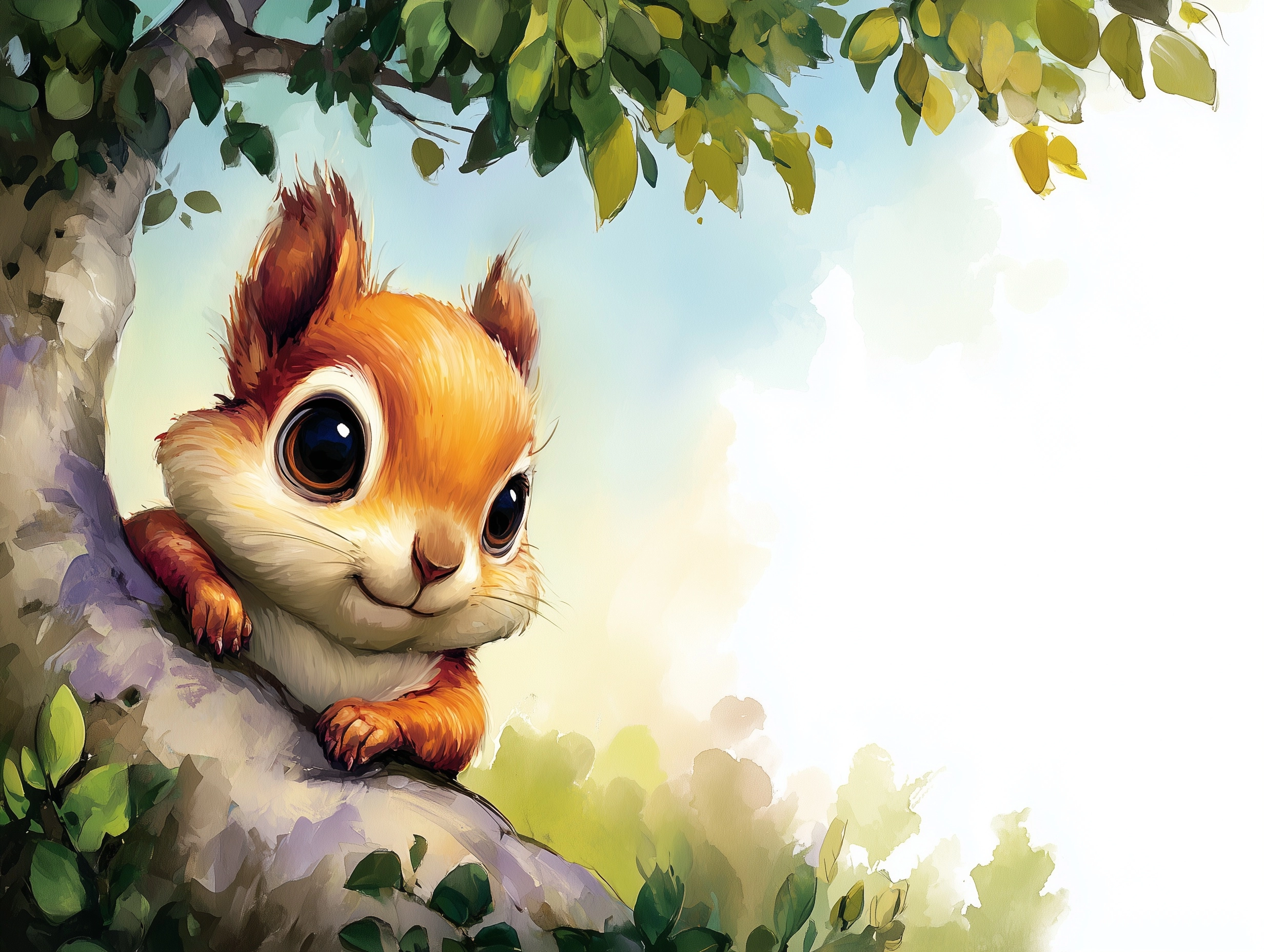 Cute orange squirrel with brown eyes in a leafy tree on a hot summer day, blue sky, glowing sun