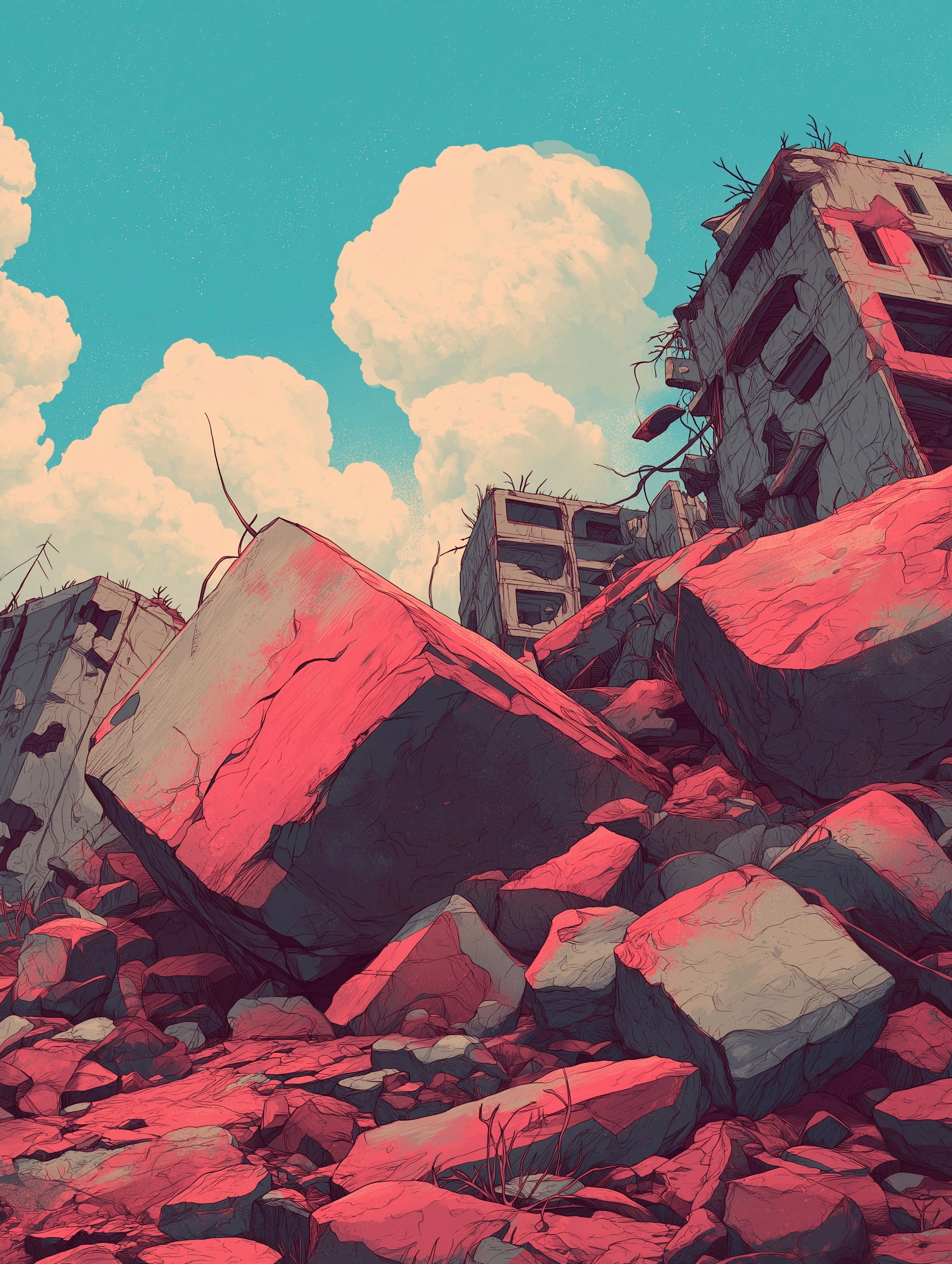 A flat illustration, post apocalyptic closeup chunks of rubble