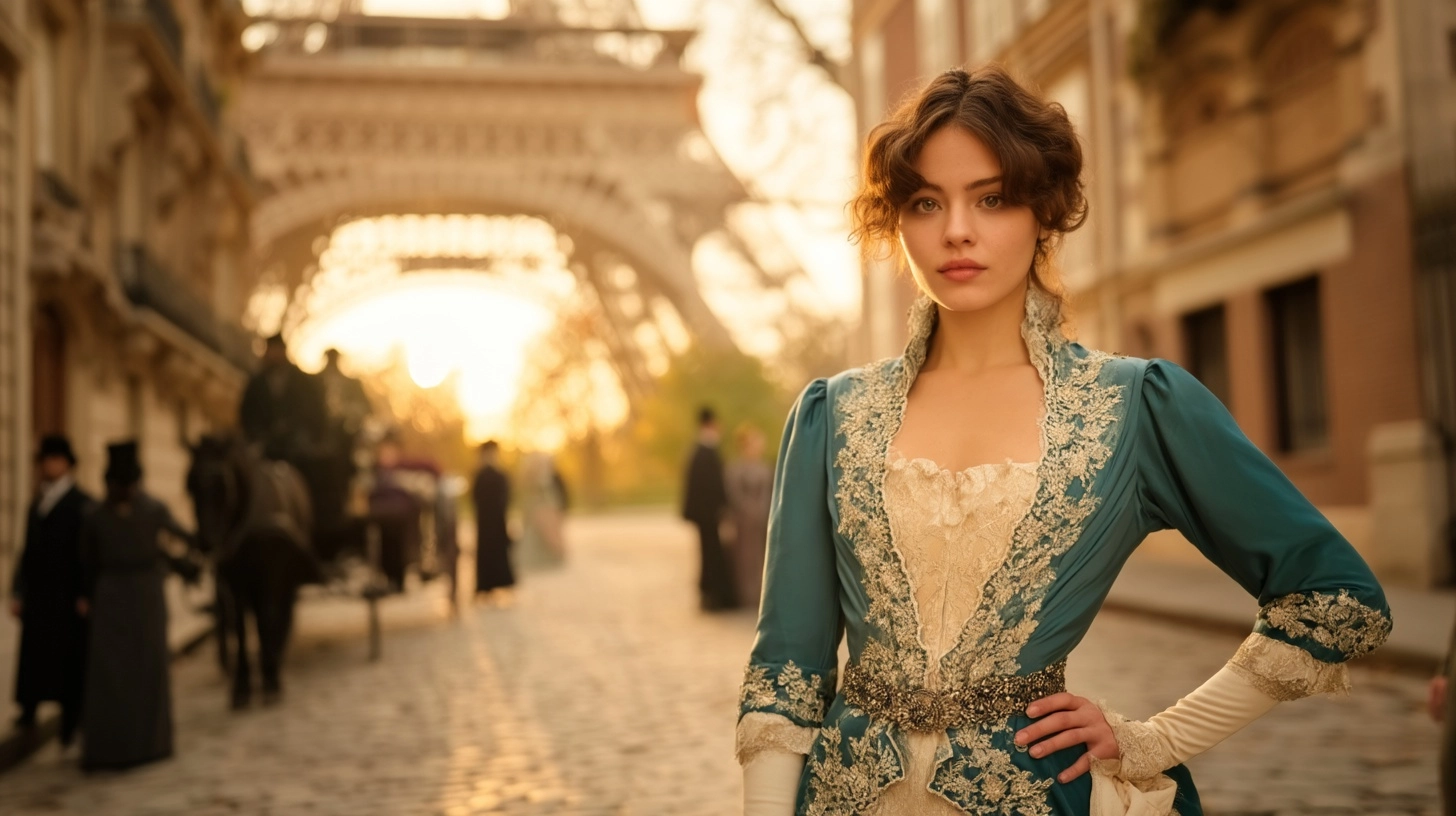 Parisian street at sunset with the Eiffel Tower in the background, cobblestone road