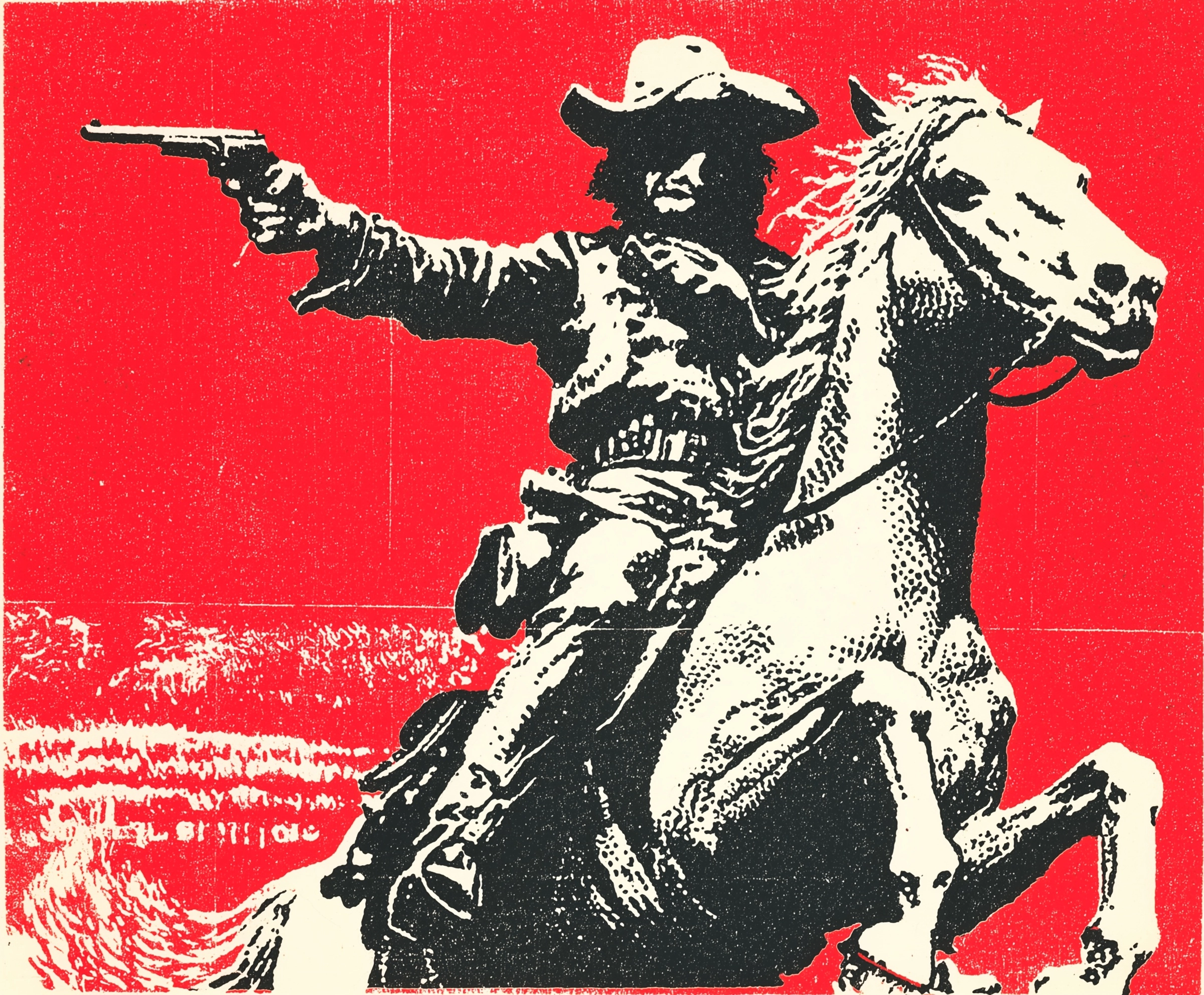 Handsome cowboy soldier on rearing bay horse, holding vintage pistol, in cultivation china