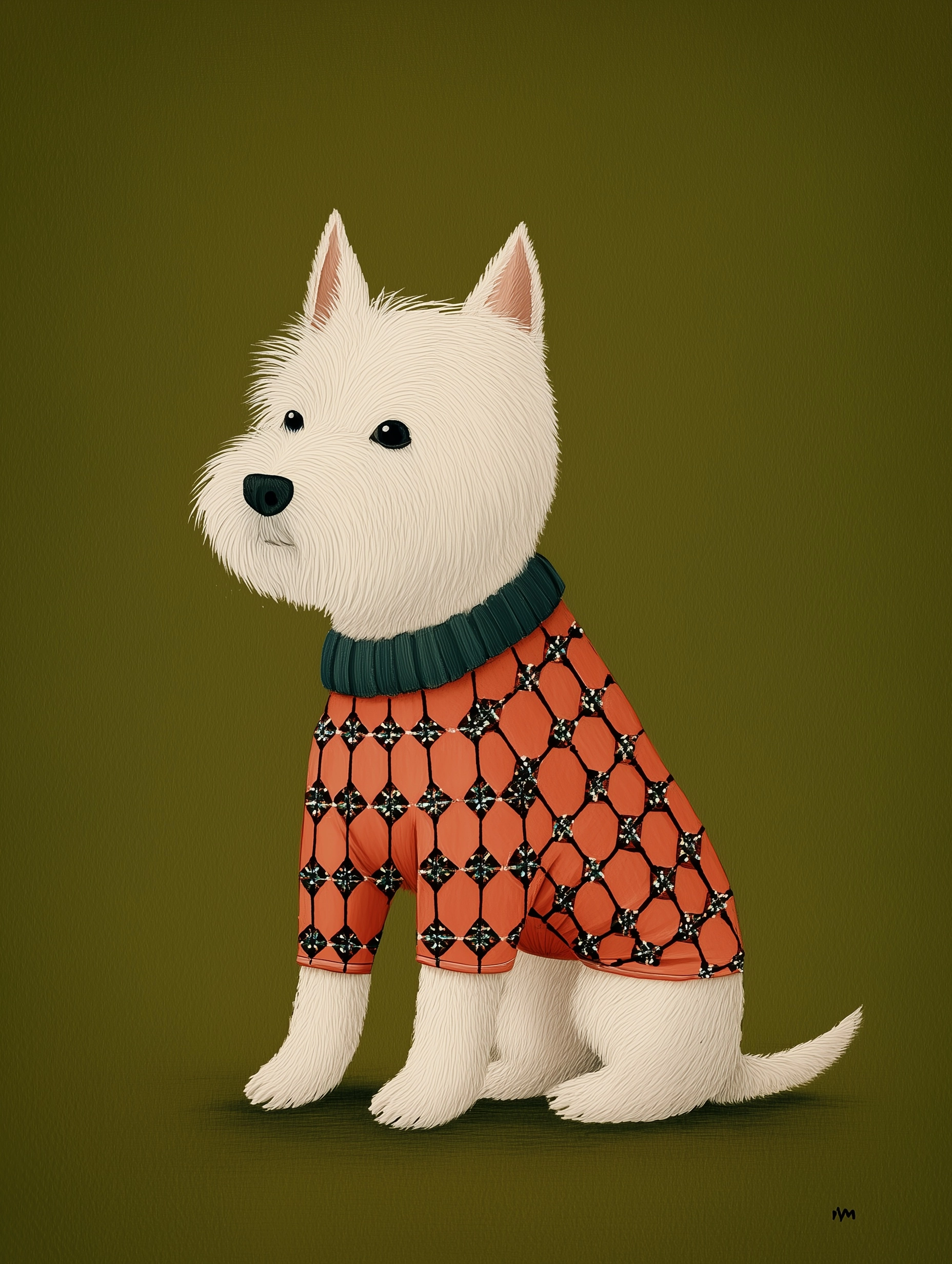 A white West Highland white terrier wearing a red and green checkered sweater