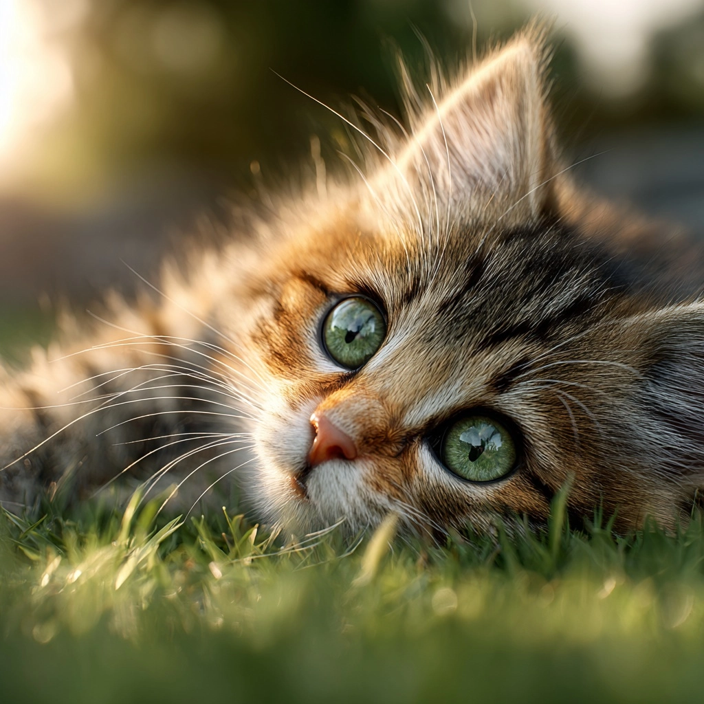 A kitten with big round eyes lying on the lawn, sunbathing comfortably, realistic style