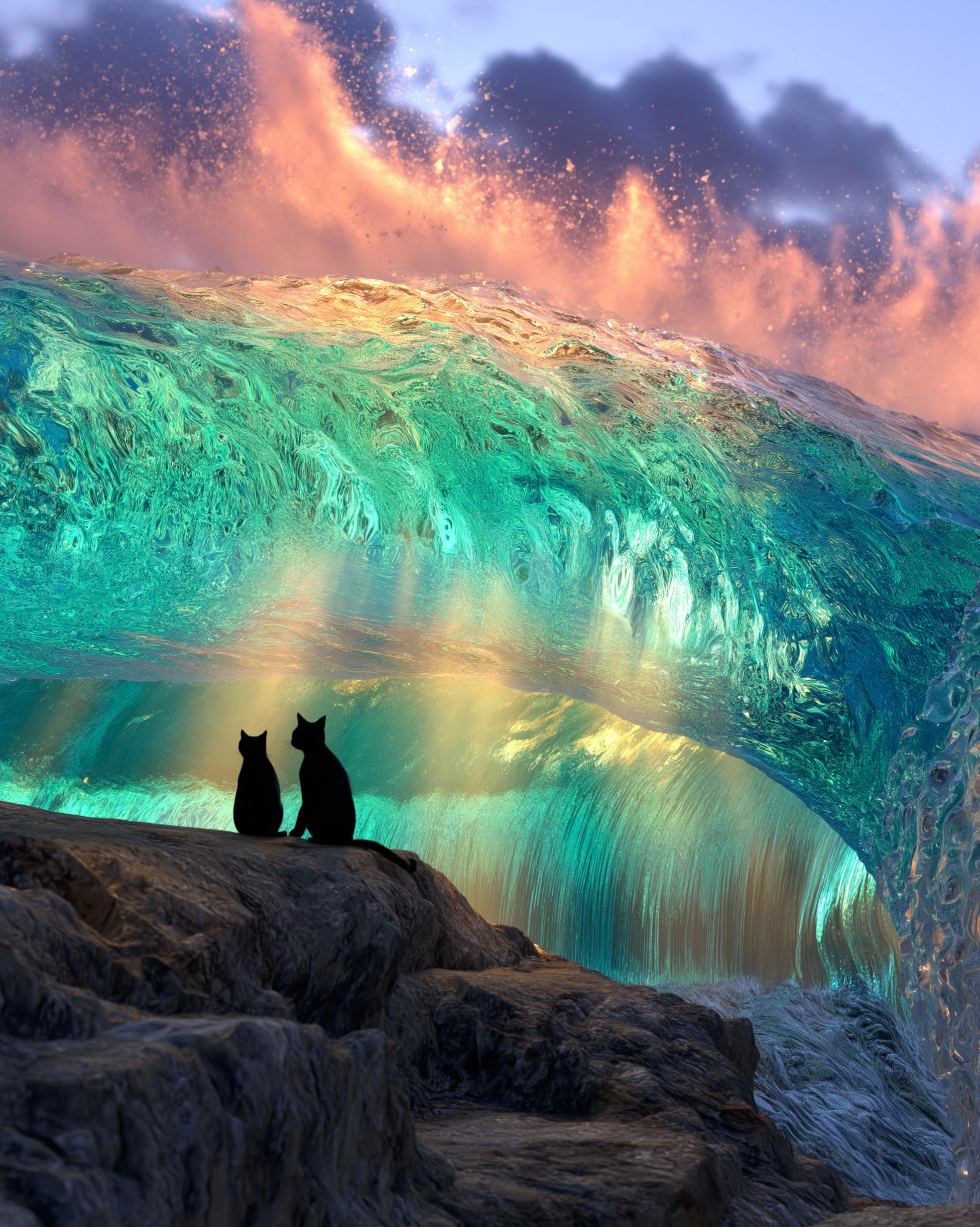 Digital painting. Silhouettes of two black cats on a rugged coastline at dawn. Sunlight streams thro