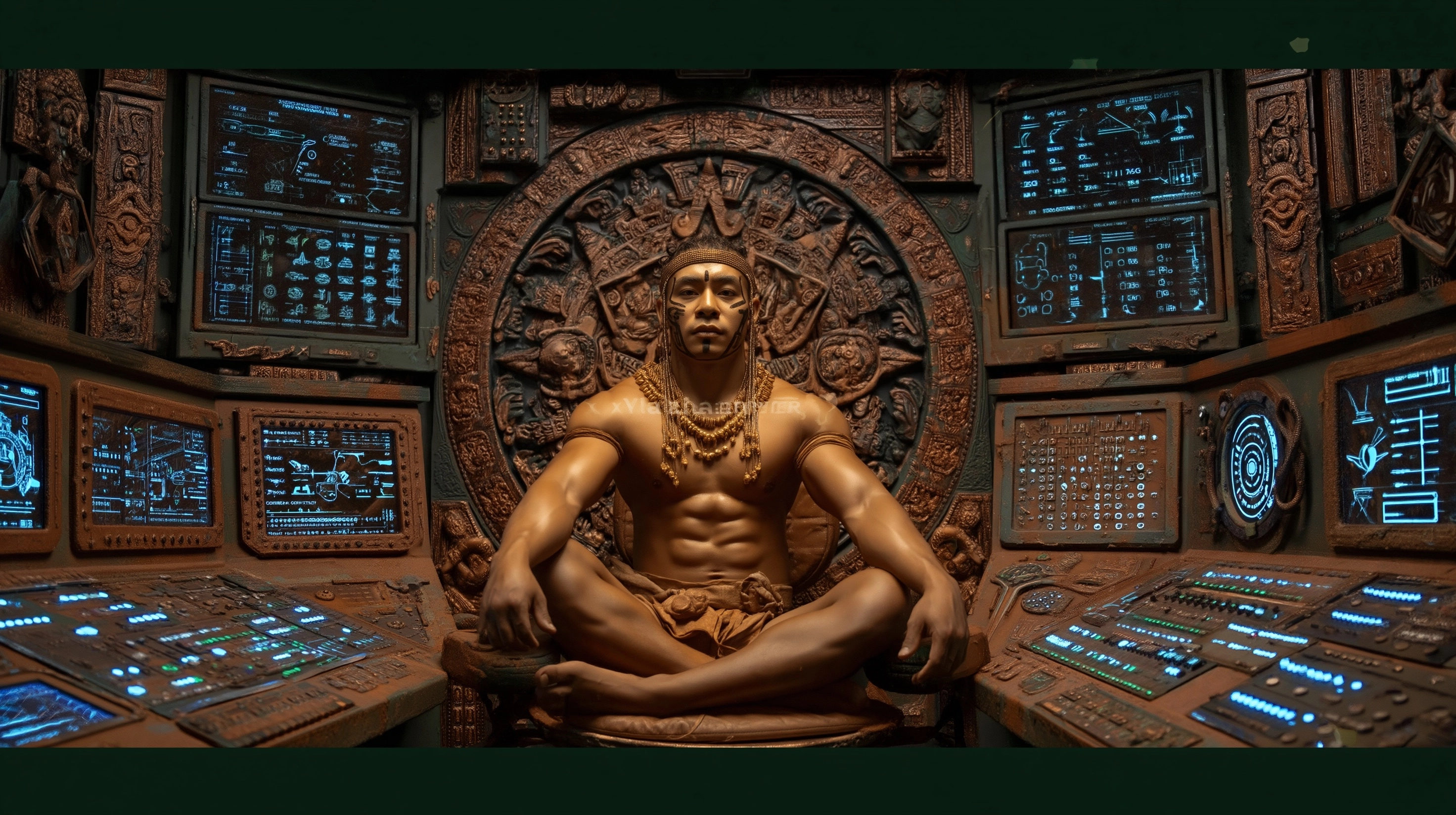 CYBERPUNK ANCIENT TECHNOLOGY ANCIENT ASTRONAUT. Vad lah Empty" sitting on a comand centre of an anci