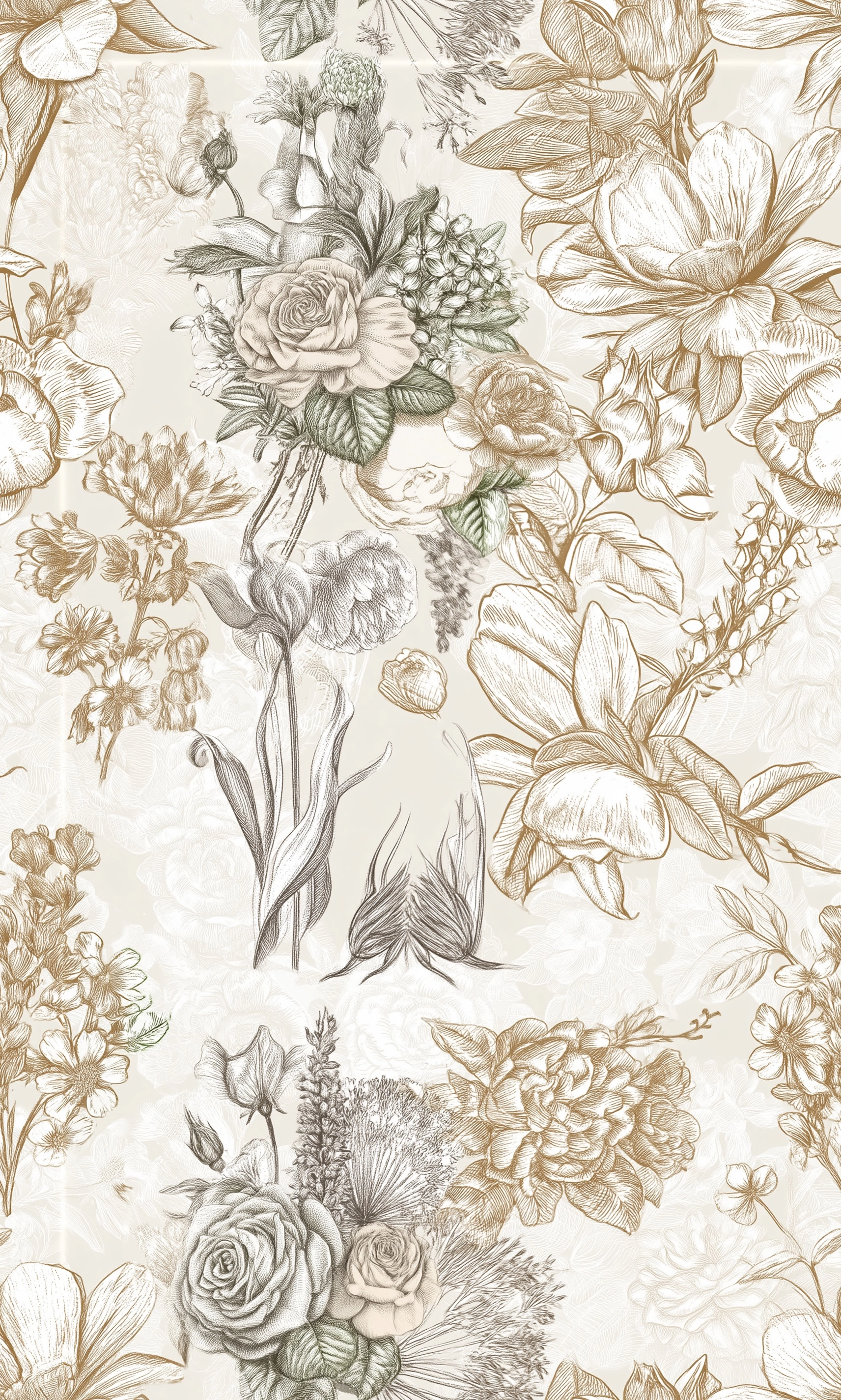 Vintage hand-drawn floral and botanical pattern with a mix of roses, Magnolia