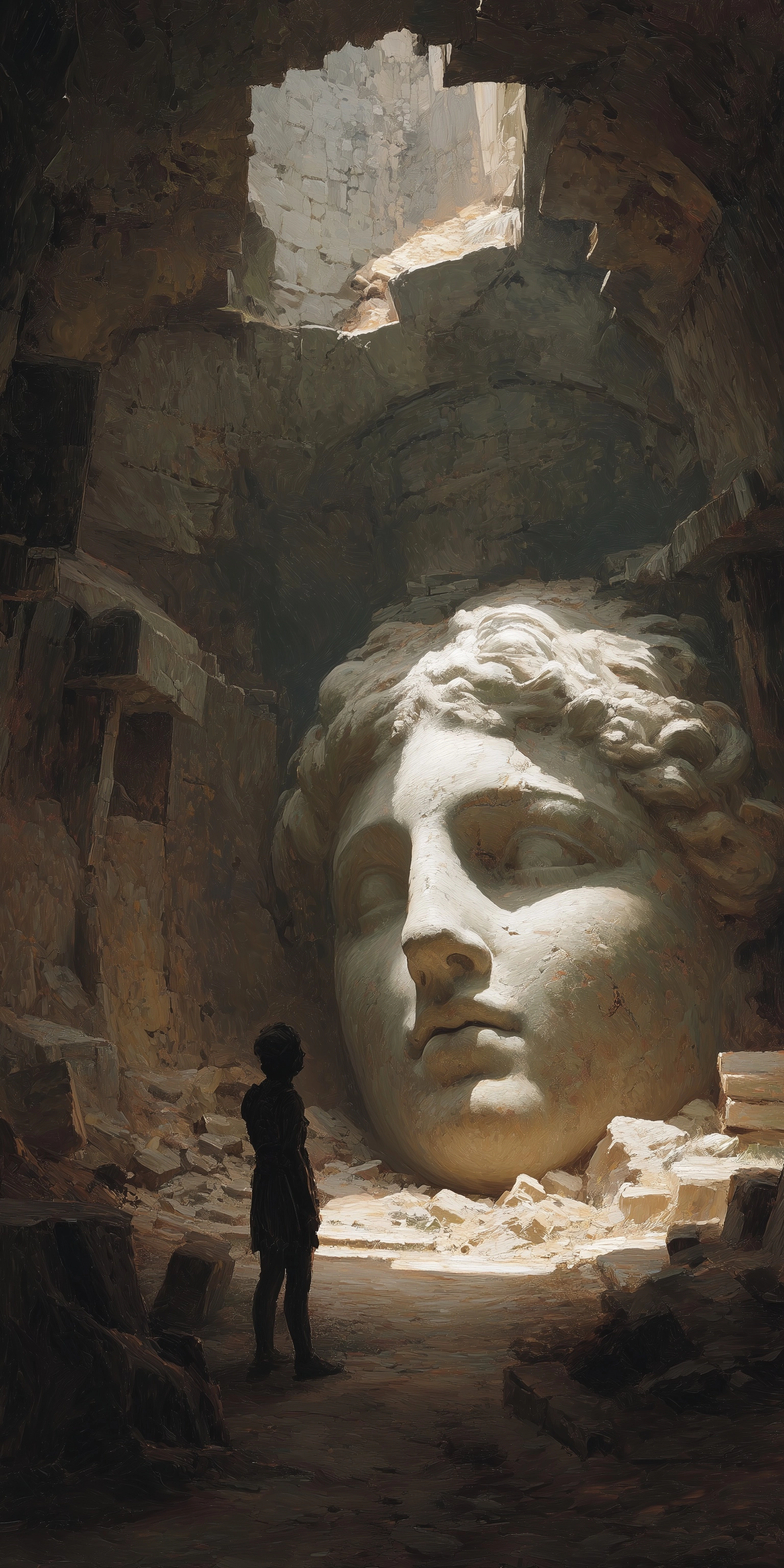Silhoetted figure standing next to a giant greek female sculpture head buried in the ground deep in