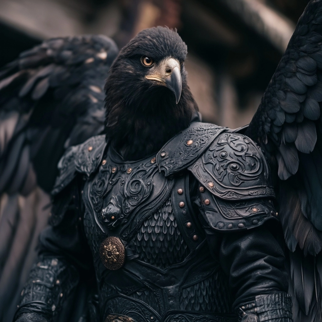 Anthropomorphic Black Eagle in Black Armor
