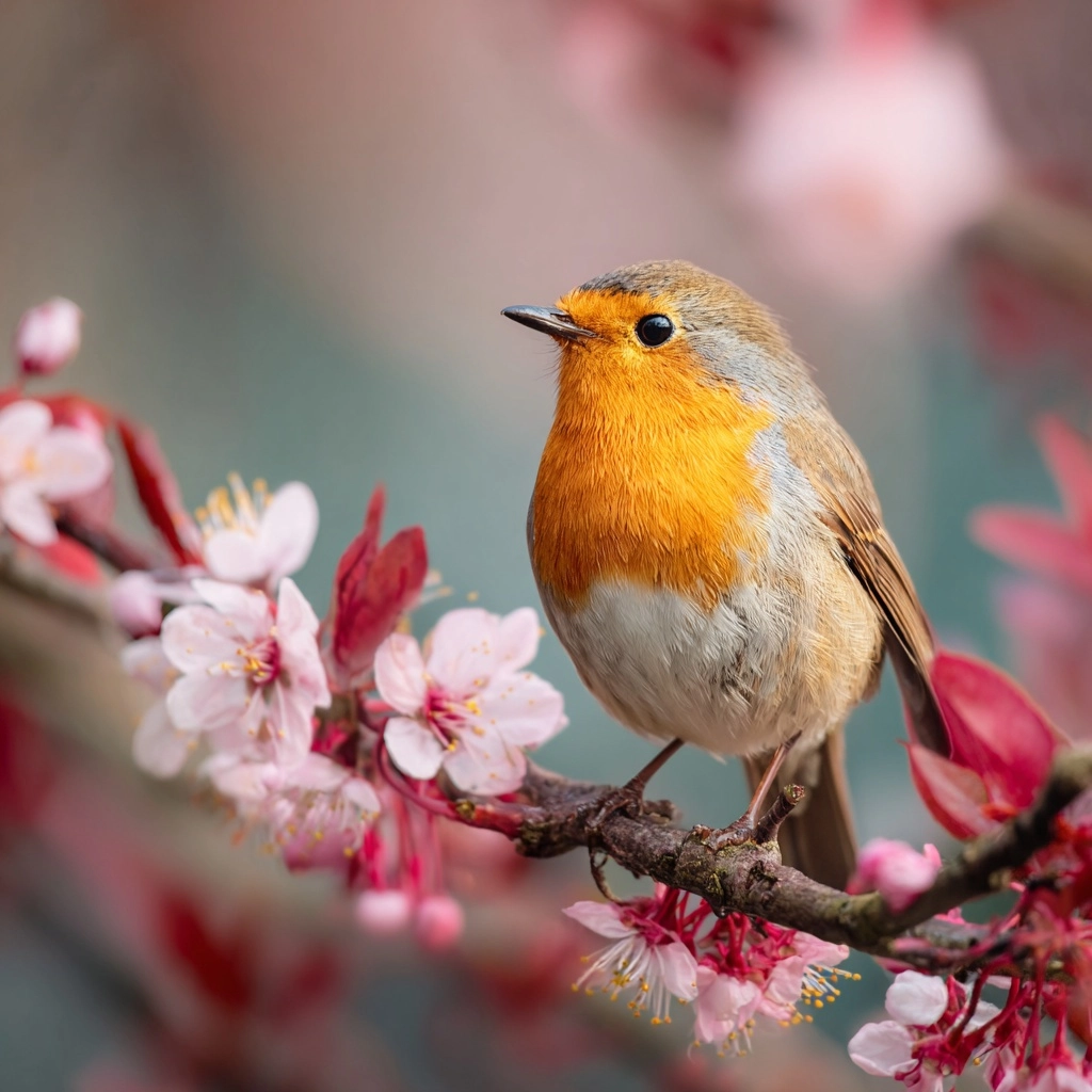 A stylised photo of a robin stood on a cherry blossom branch