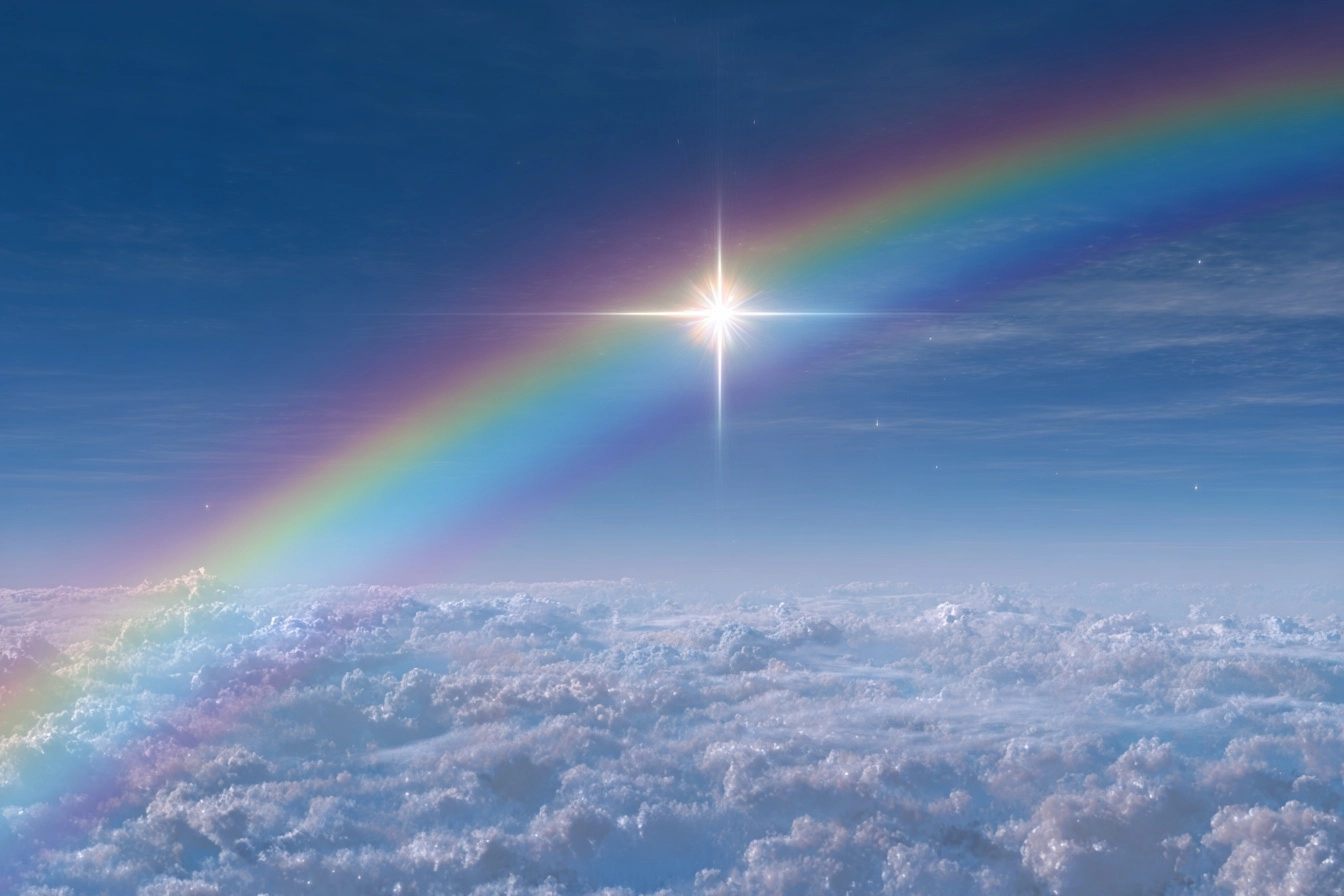 A photorealistic studio quality color image of a brilliant light blue sky with a colorful arching ra