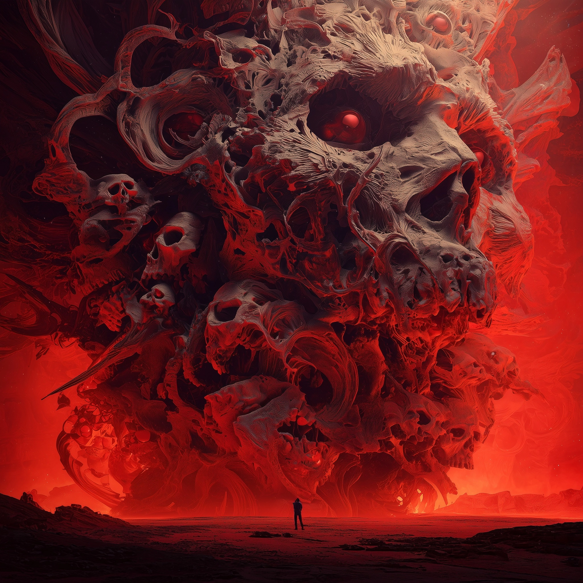 Surreal grotesque composition of intertwined human faces, bones