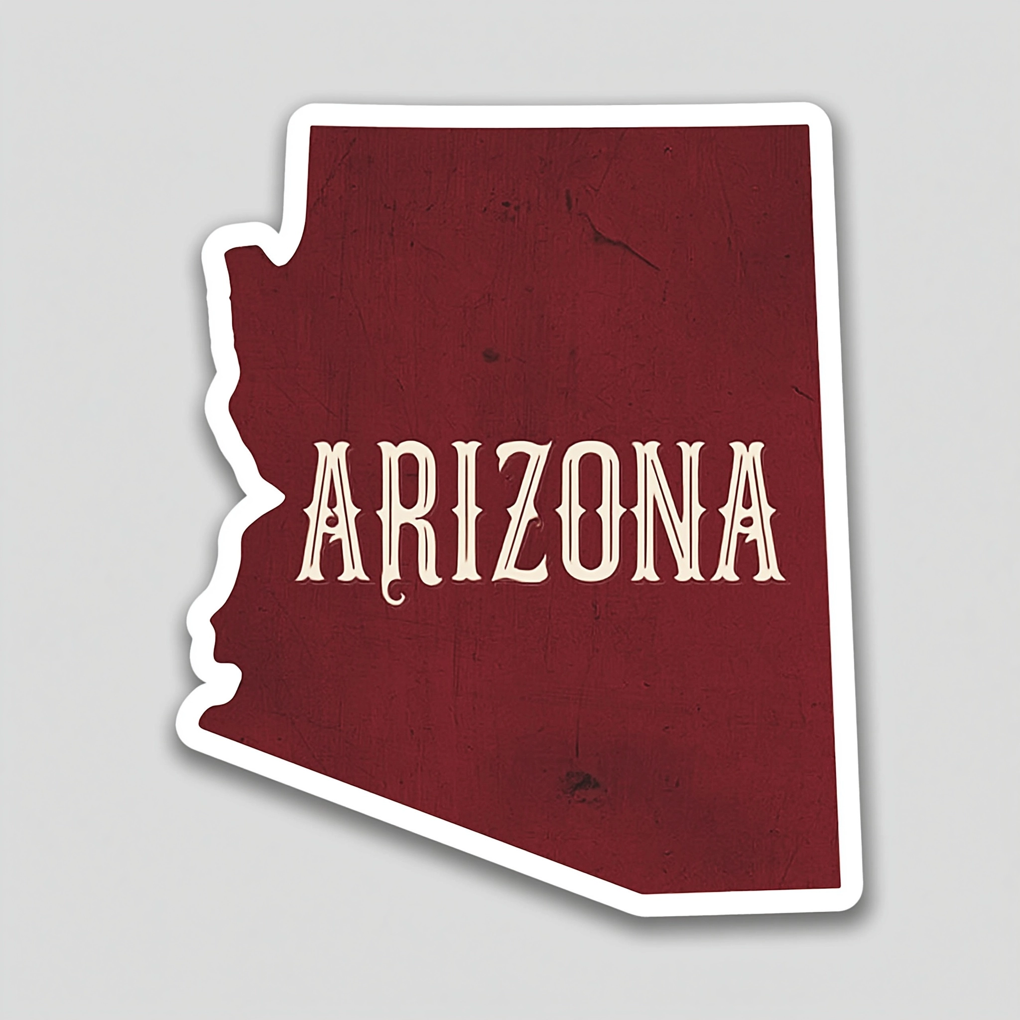 A sticker of the state shape of arizona with western victorian text "arizona" in white on a maroon-c