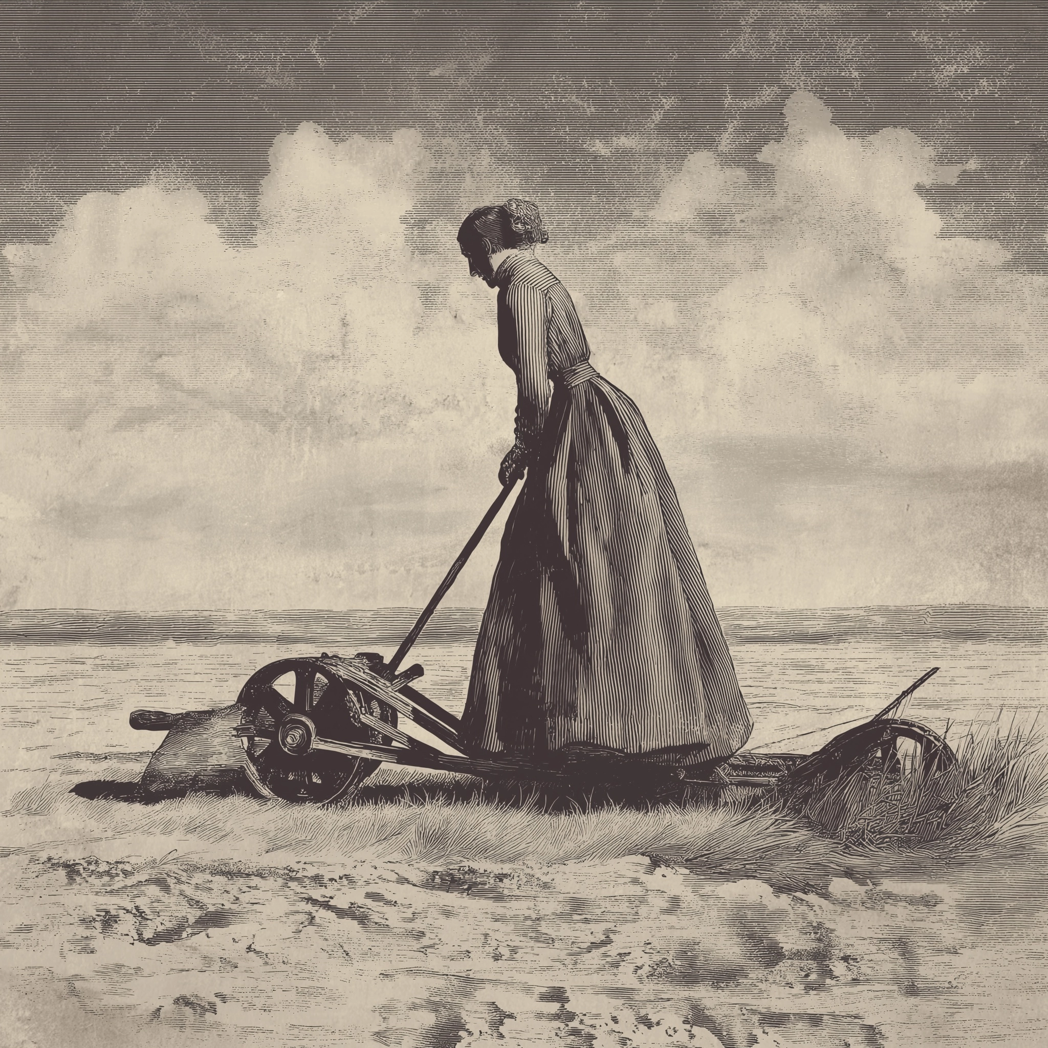 Etching of old fashioned field work, a woman works a plow in a long dress on a flat background #f8f7