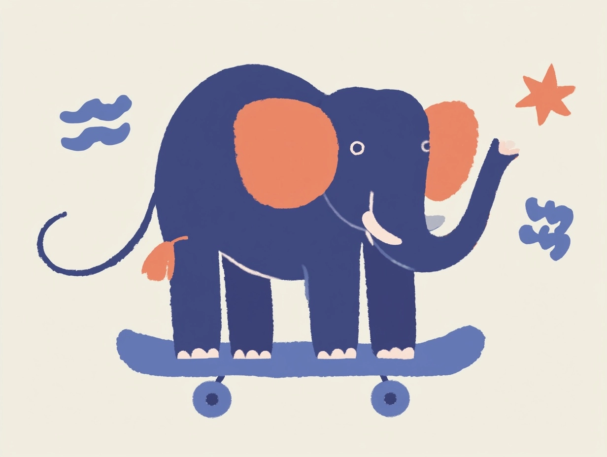 Elephant riding a skateboard in the style of henri matisse, children's book illustration