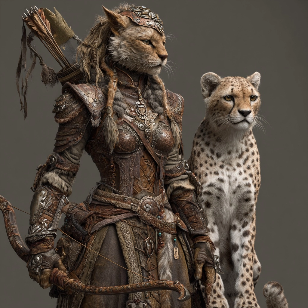 Female anthropomorph cat wearing a leather armor and holding a bow in her left hand with a cheetah c