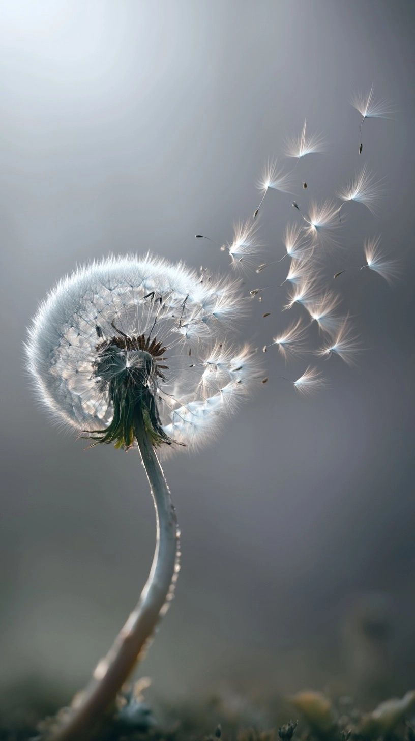 Full mature dandelion in macro close-up a steady breeze pushes the flower head to the right