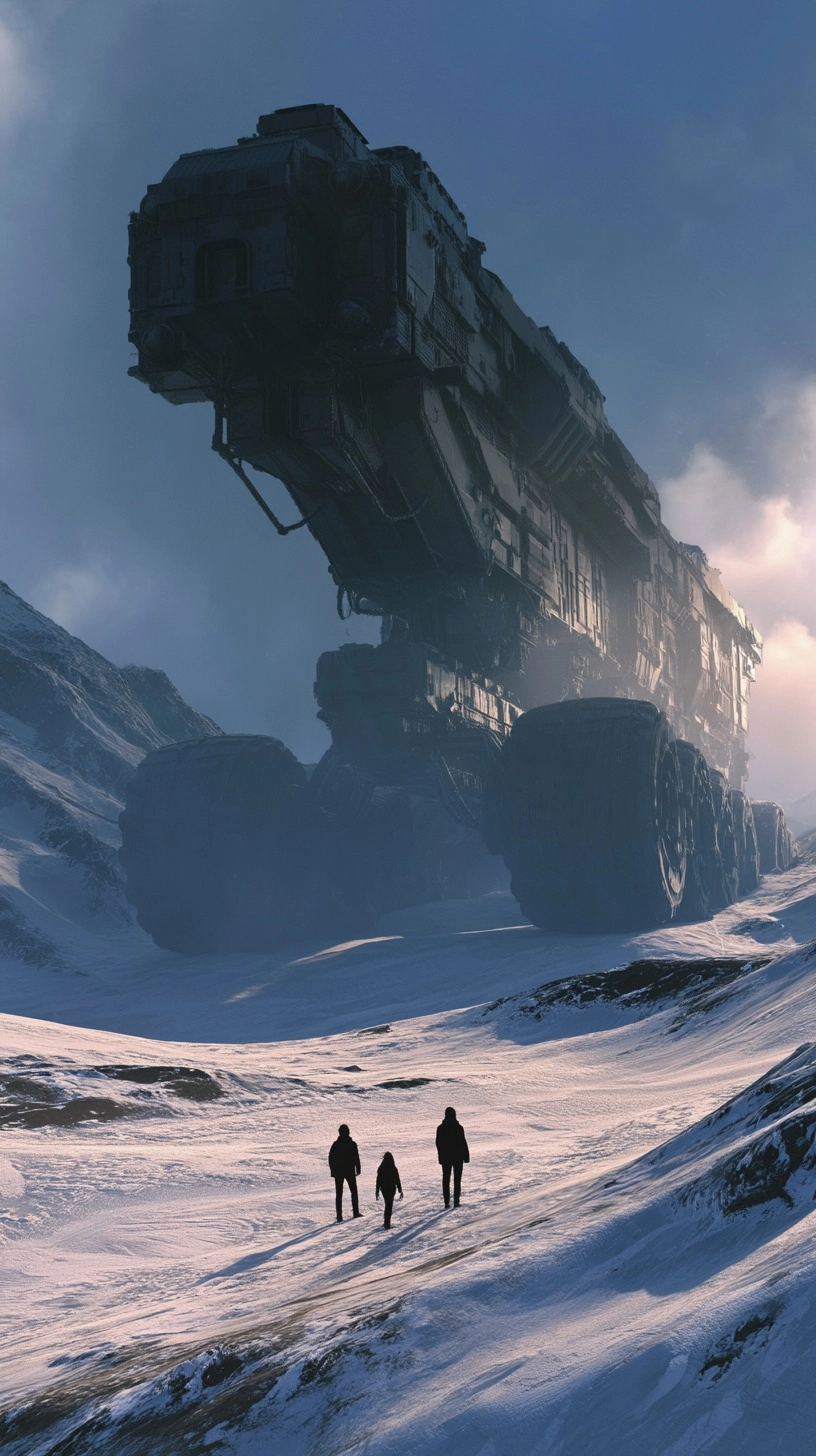 Gigantic multi-wheel sci-fi transport towering over humans in snowy mountains