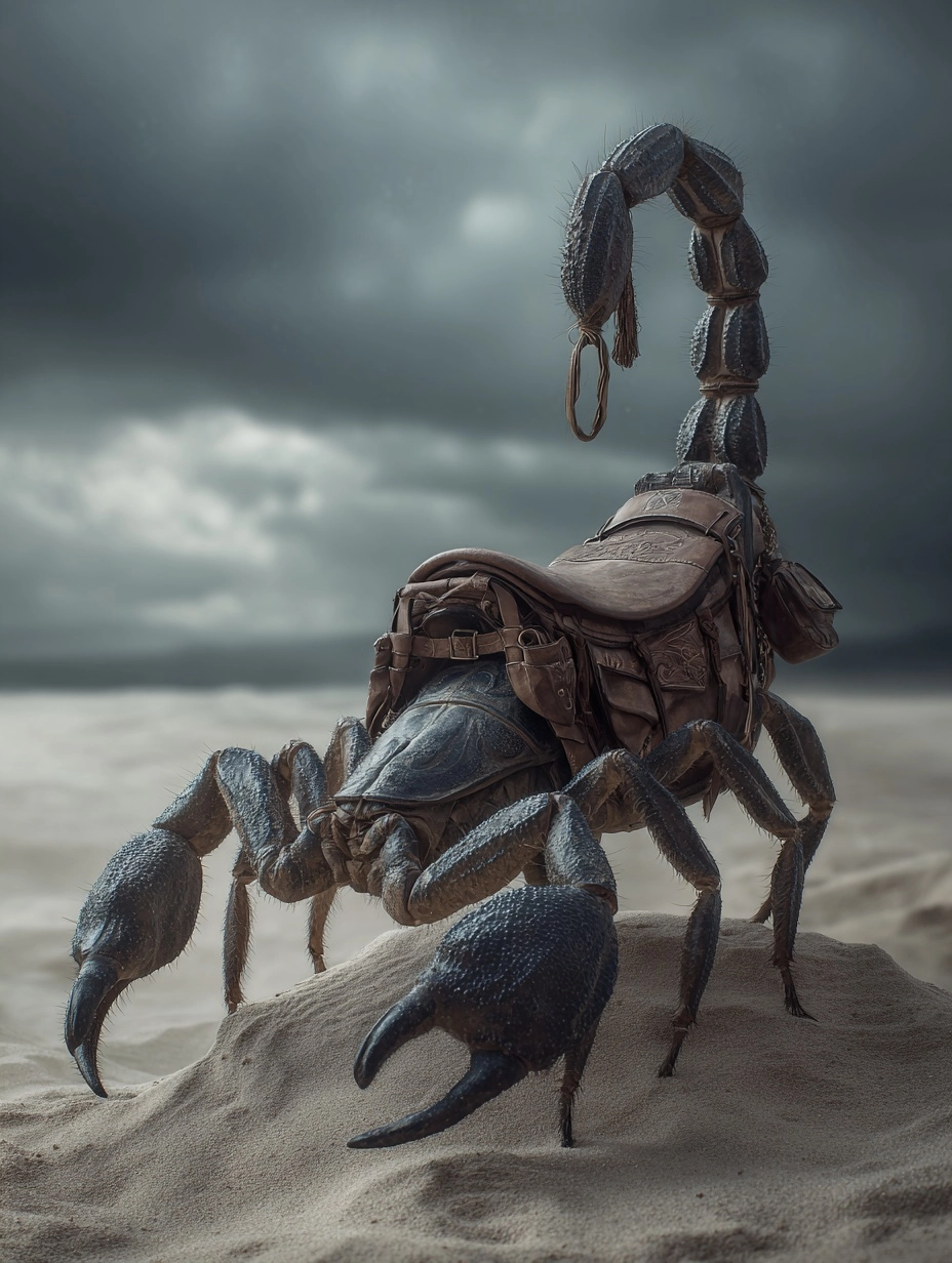 Huge scorpion fantasy mount with saddle standing on a rock in a stormy and dark desert scene the san