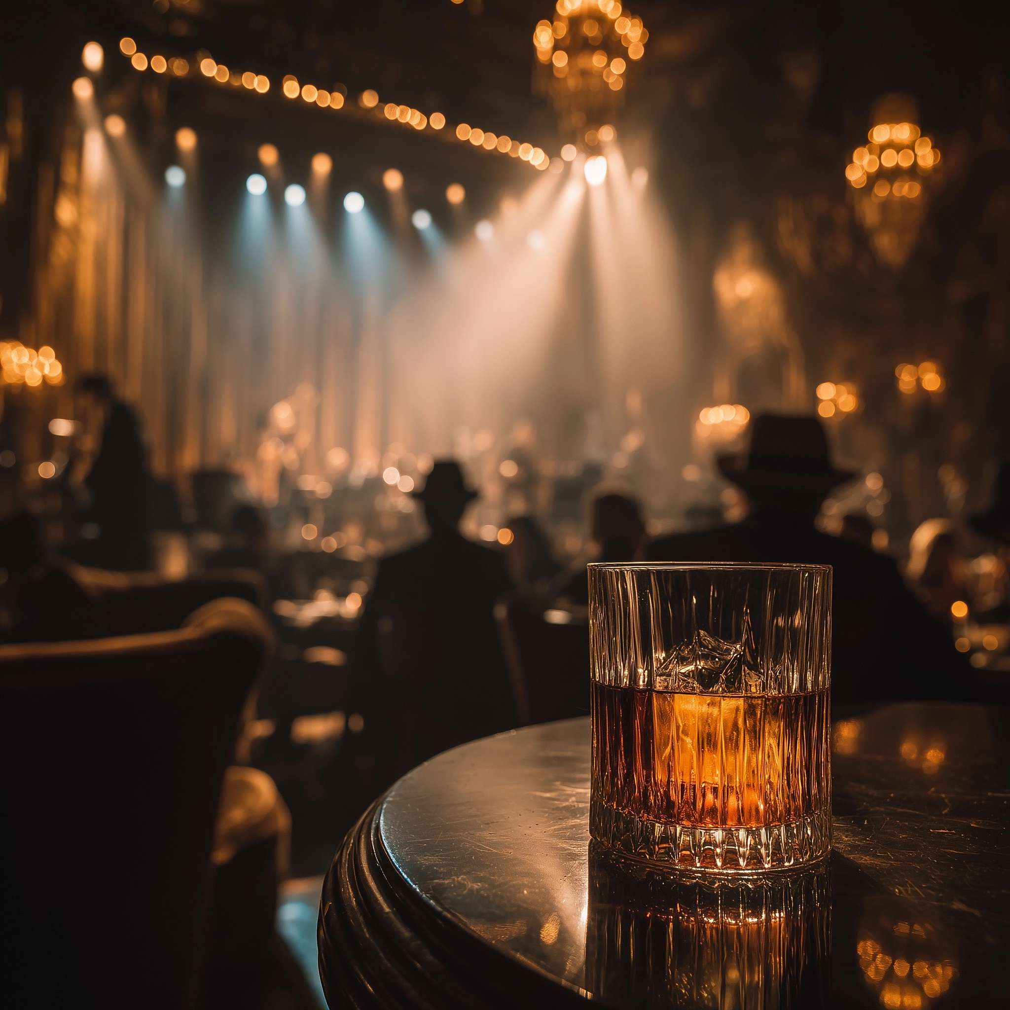 1930s nightclub scene, focus is on a glass of whiskey, smoky background